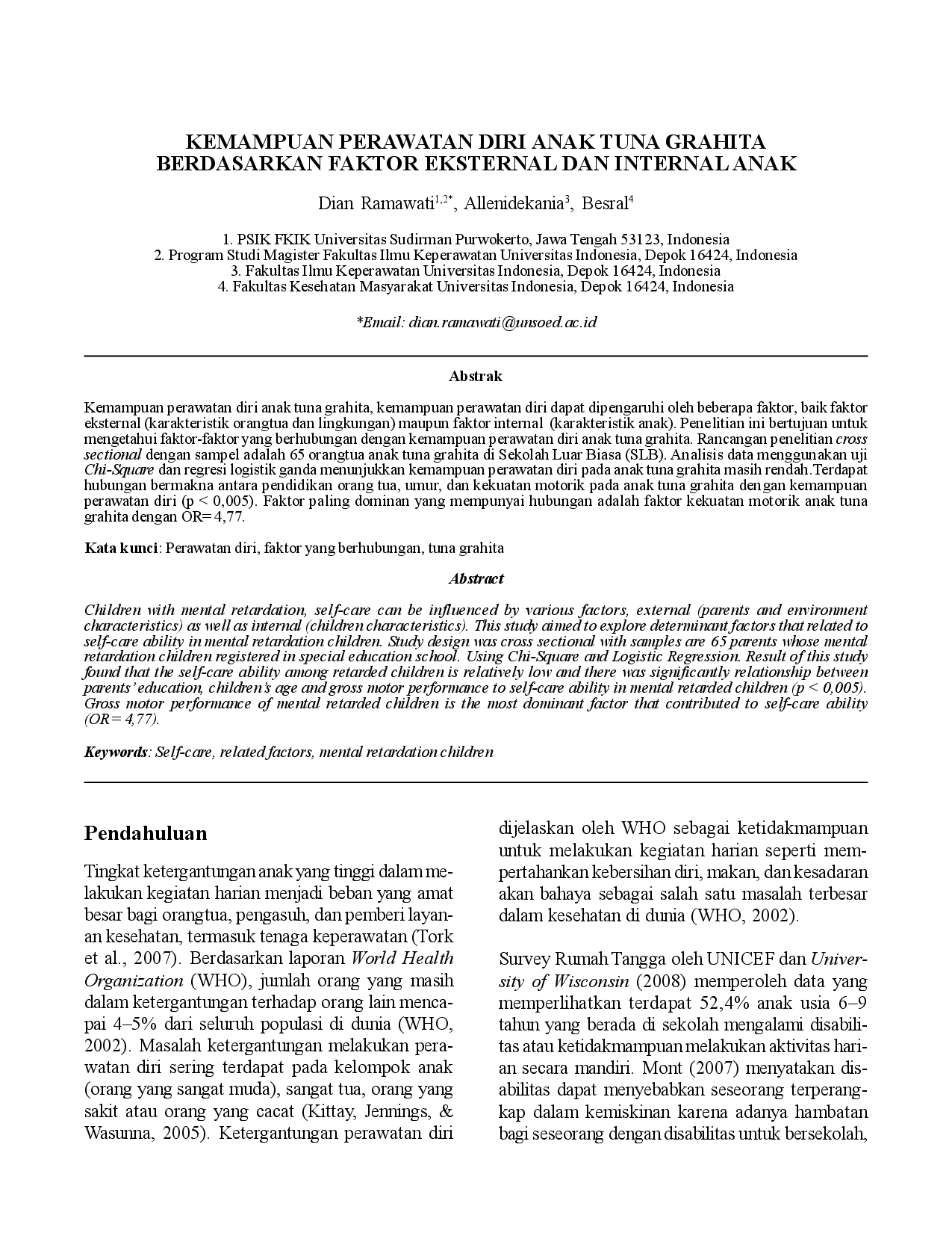 juris Kemampuan Perawatan Diri Anak Tuna Grahita Berdasarkan Faktor Eksternal dan Internal Anak