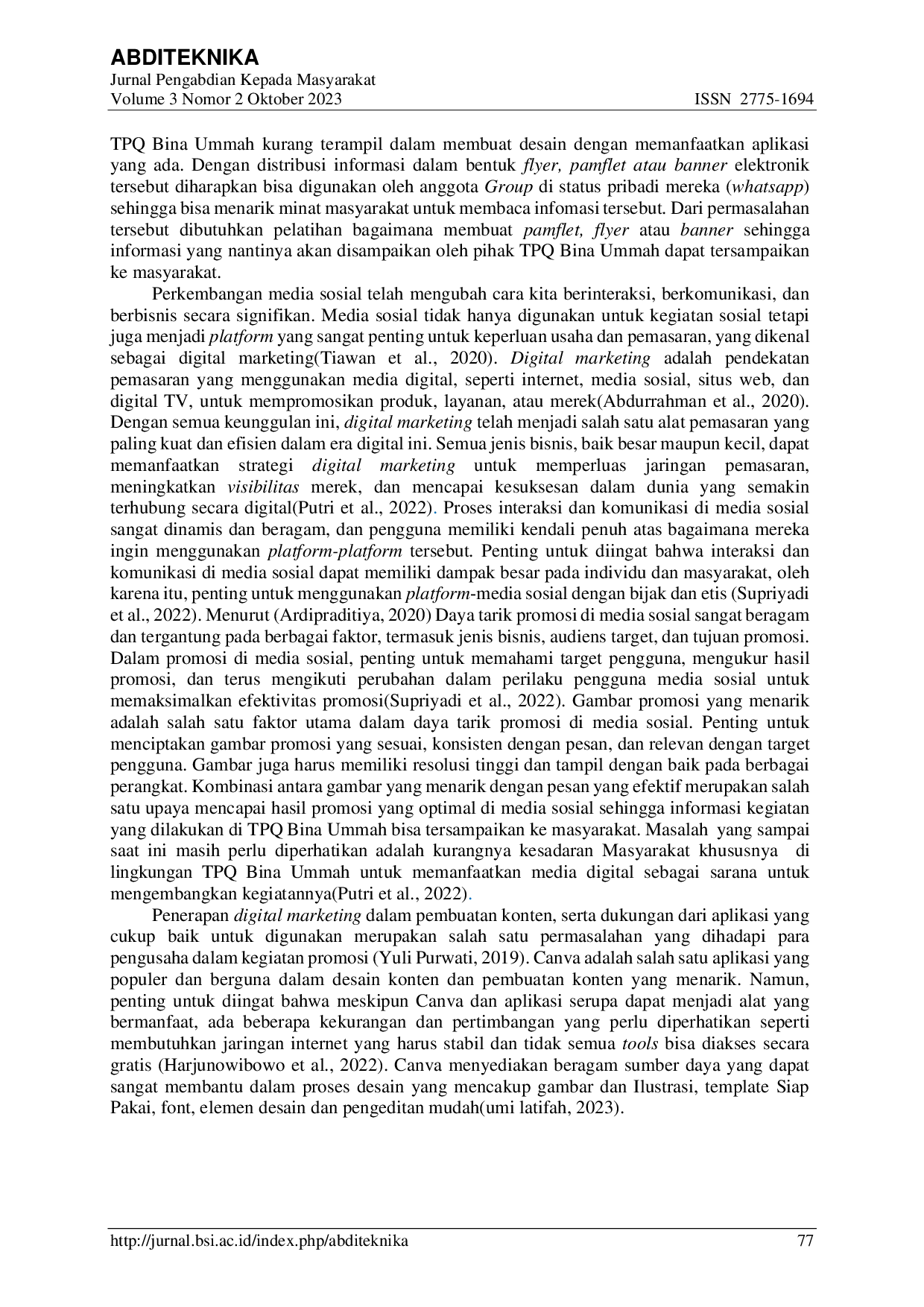 JURIS Pelatihan Aplikasi Canva Sebagai Penunjang Kegiatan Promosi di TPQ Bina Ummah
