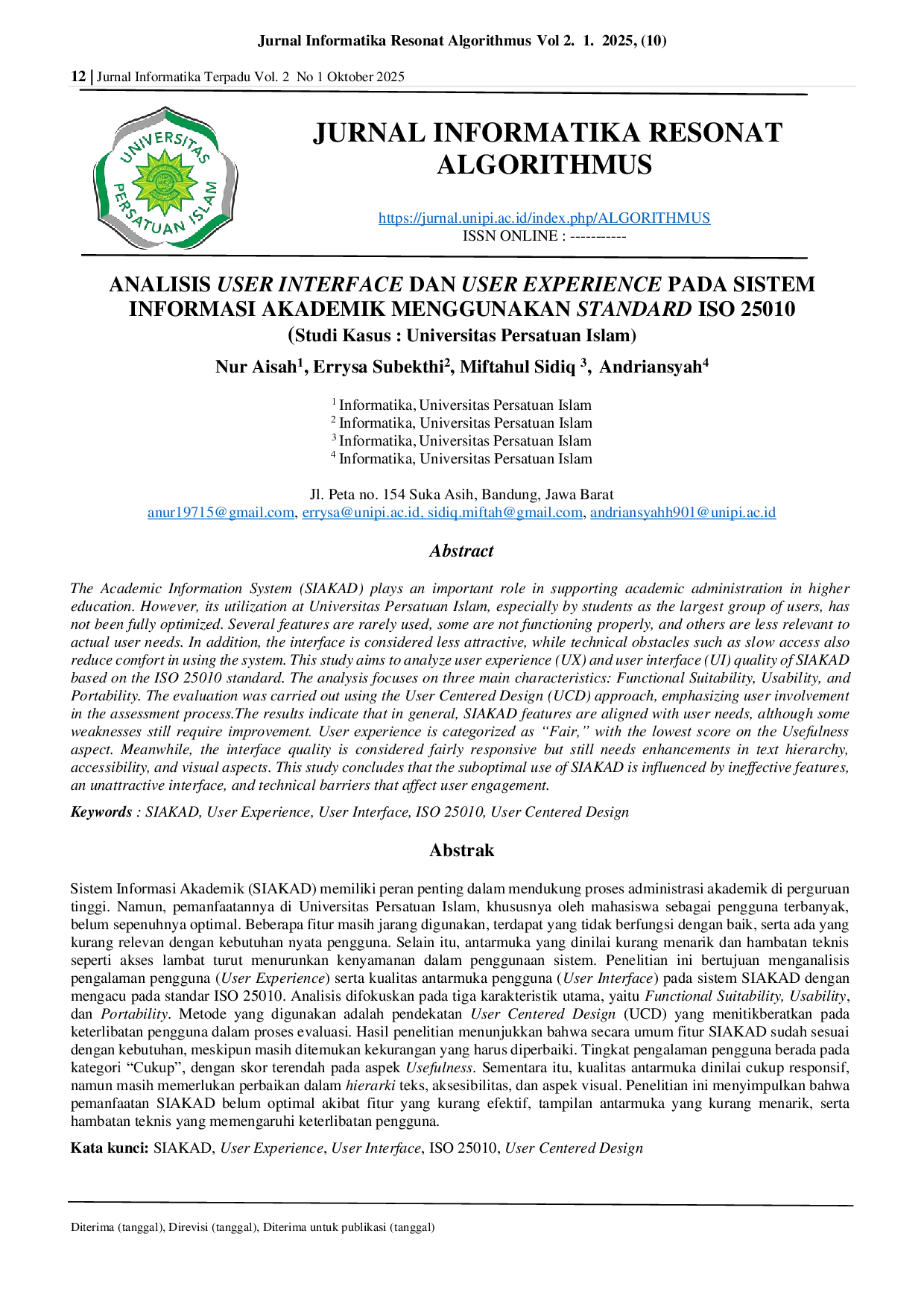 JURIS Analisis User Interface dan User Experience pada Sistem Informasi Akademik Menggunakan Standard ISO 25010 Studi Kasus Universitas Persatuan Islam