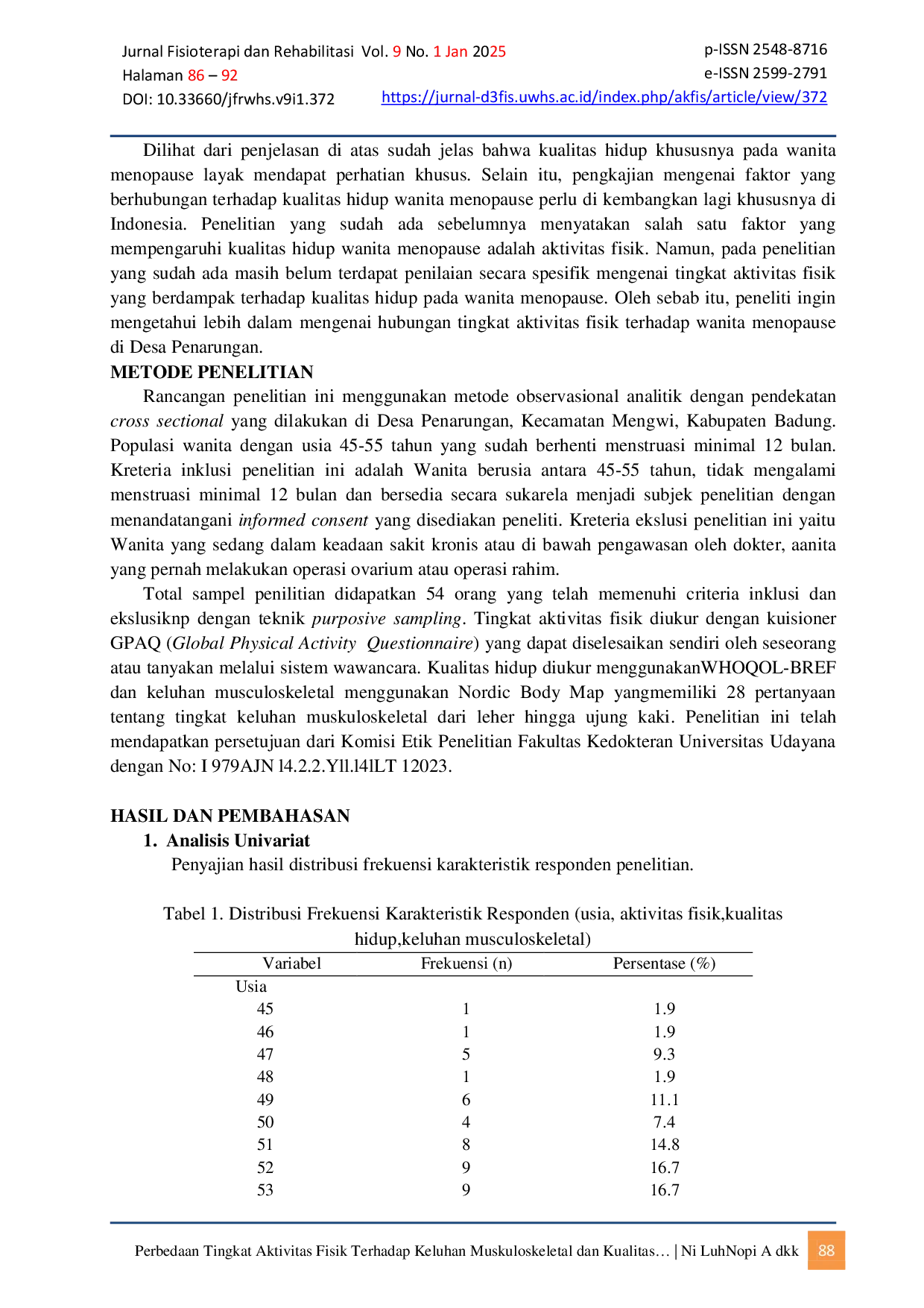 JURIS Perbedaan Tingkat Aktivitas Fisik Terhadap Keluhan Muskuloskeletal dan Kualitas Hidup Wanita Menopause