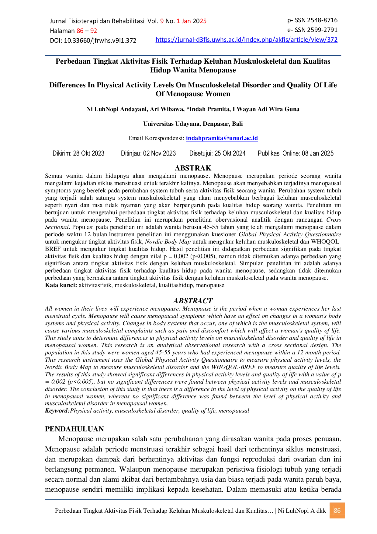 JURIS Perbedaan Tingkat Aktivitas Fisik Terhadap Keluhan Muskuloskeletal dan Kualitas Hidup Wanita Menopause