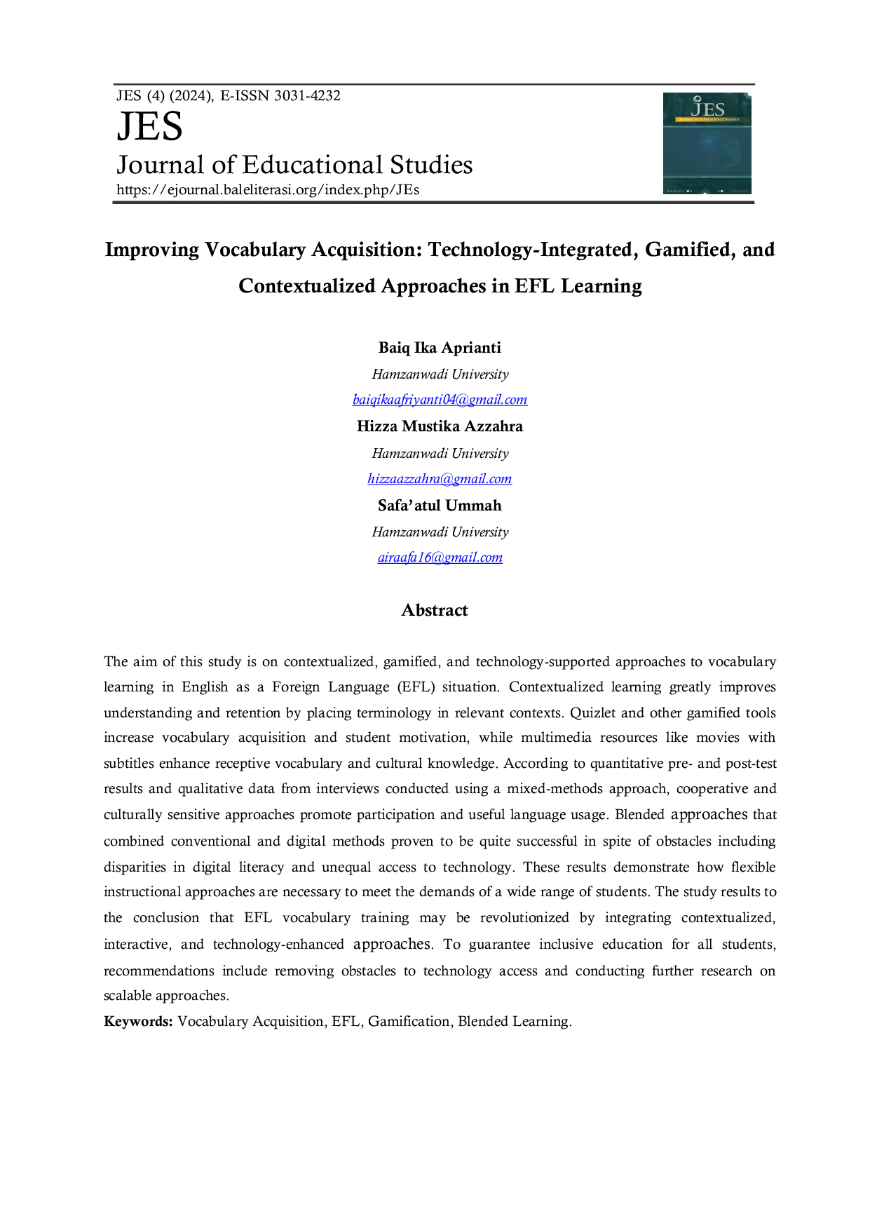 JURIS Improving Vocabulary Acquisition Technology Integrated Gamified and Contextualized Approaches in EFL Learning