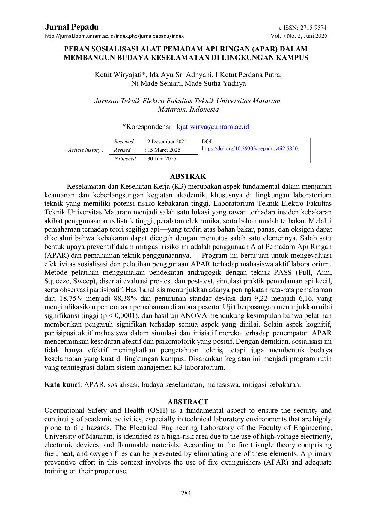 JURIS Peran Sosialisasi Alat Pemadam Api Ringan APAR Dalam Membangun Budaya Keselamatan Di Lingkungan Kampus