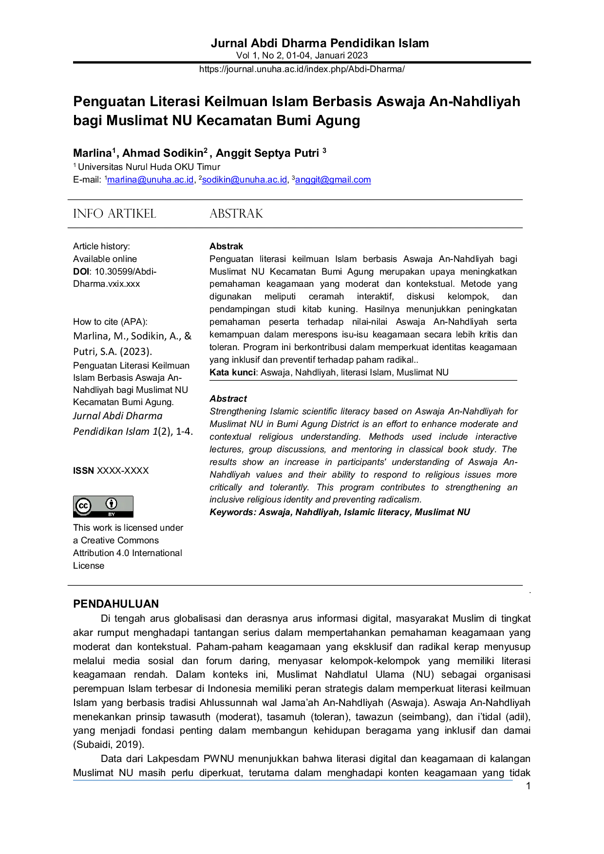 JURIS Strengthening Islamic Scientific Literacy Based on Aswaja An Nahdliyah for Muslimat NU in Bumi Agung District