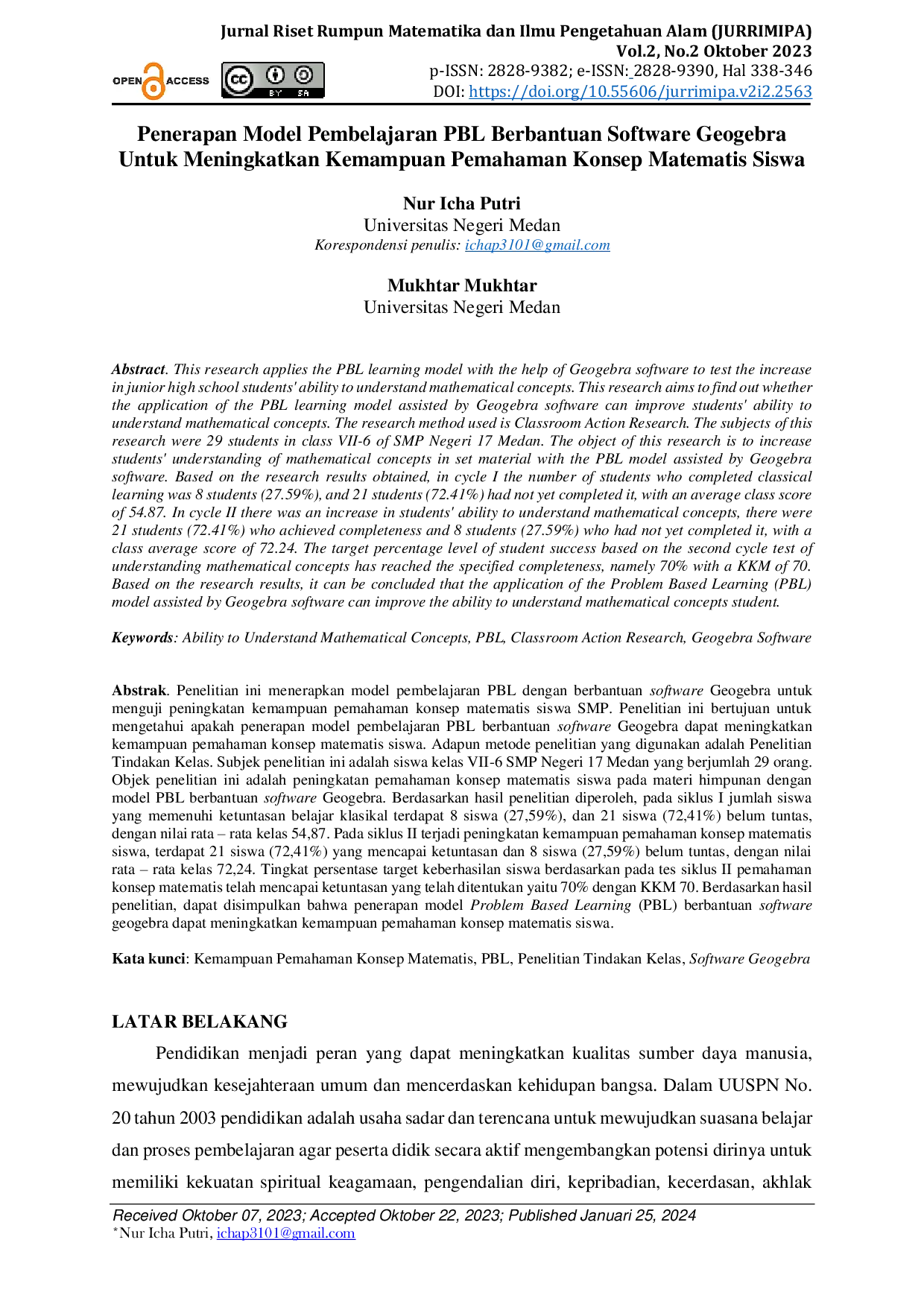 JURIS Penerapan Model Pembelajaran PBL Berbantuan Software Geogebra Untuk Meningkatkan Kemampuan Pemahaman Konsep Matematis Siswa