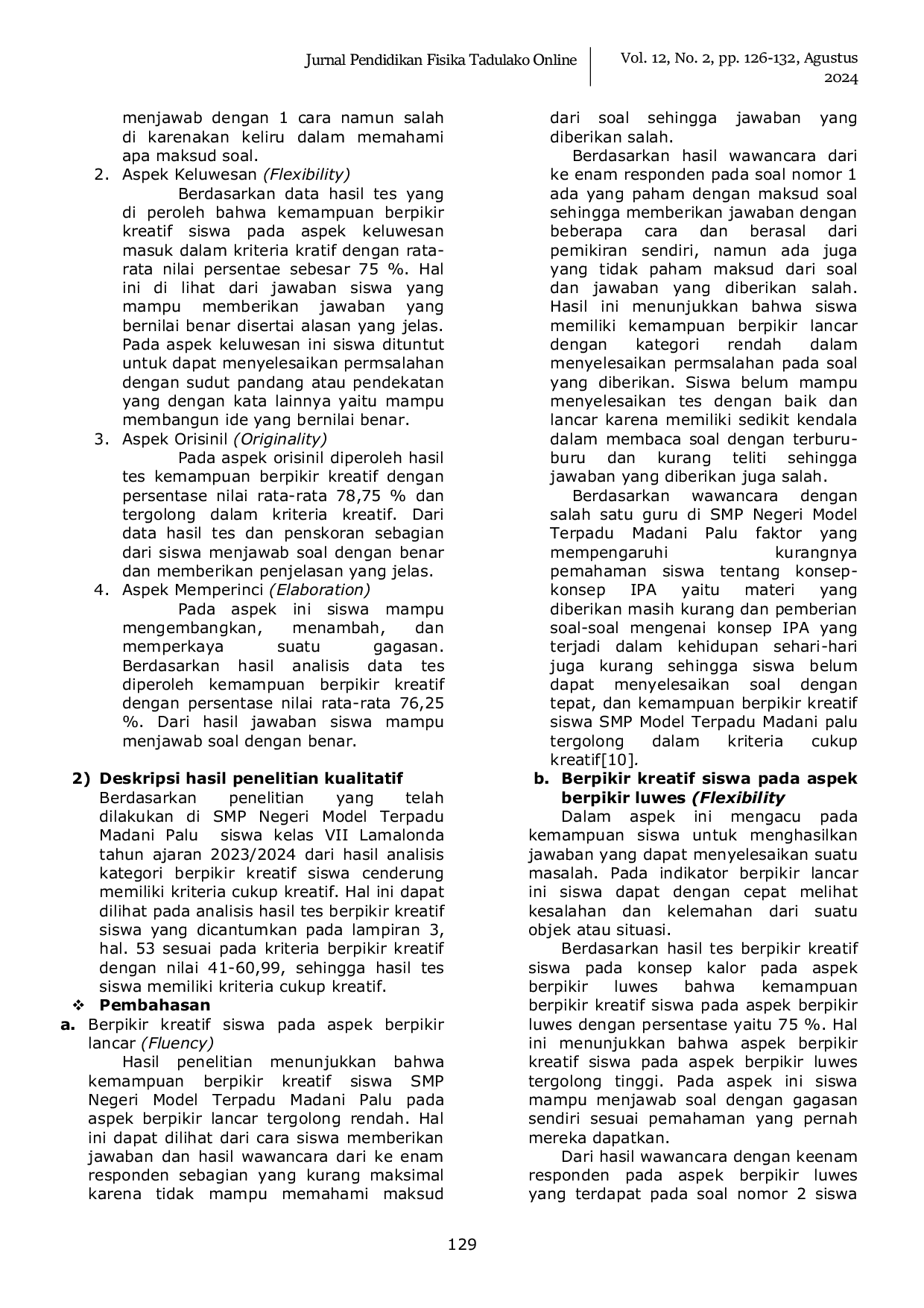 JURIS Analisis Kemampuan Berfikir Kreatif Siswa Pada Konsep Kalor Di SMP Negeri Model Terpadu Madani Palu