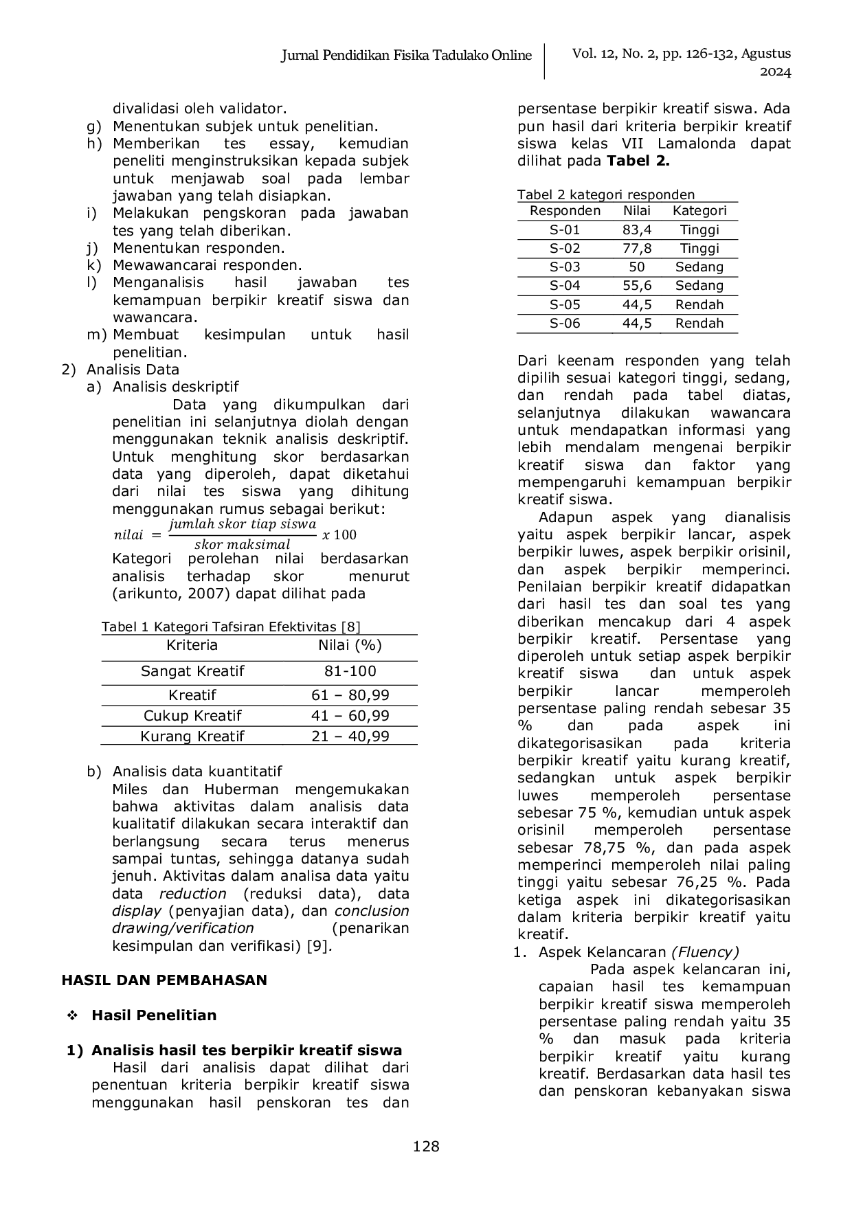 JURIS Analisis Kemampuan Berfikir Kreatif Siswa Pada Konsep Kalor Di SMP Negeri Model Terpadu Madani Palu