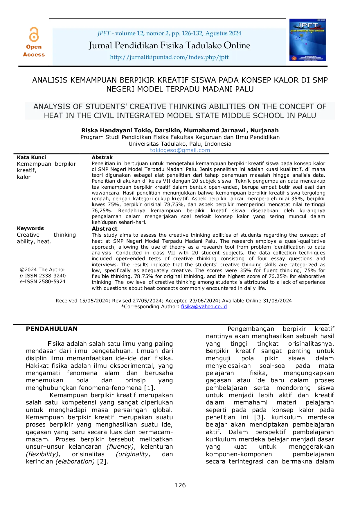 JURIS Analisis Kemampuan Berfikir Kreatif Siswa Pada Konsep Kalor Di SMP Negeri Model Terpadu Madani Palu
