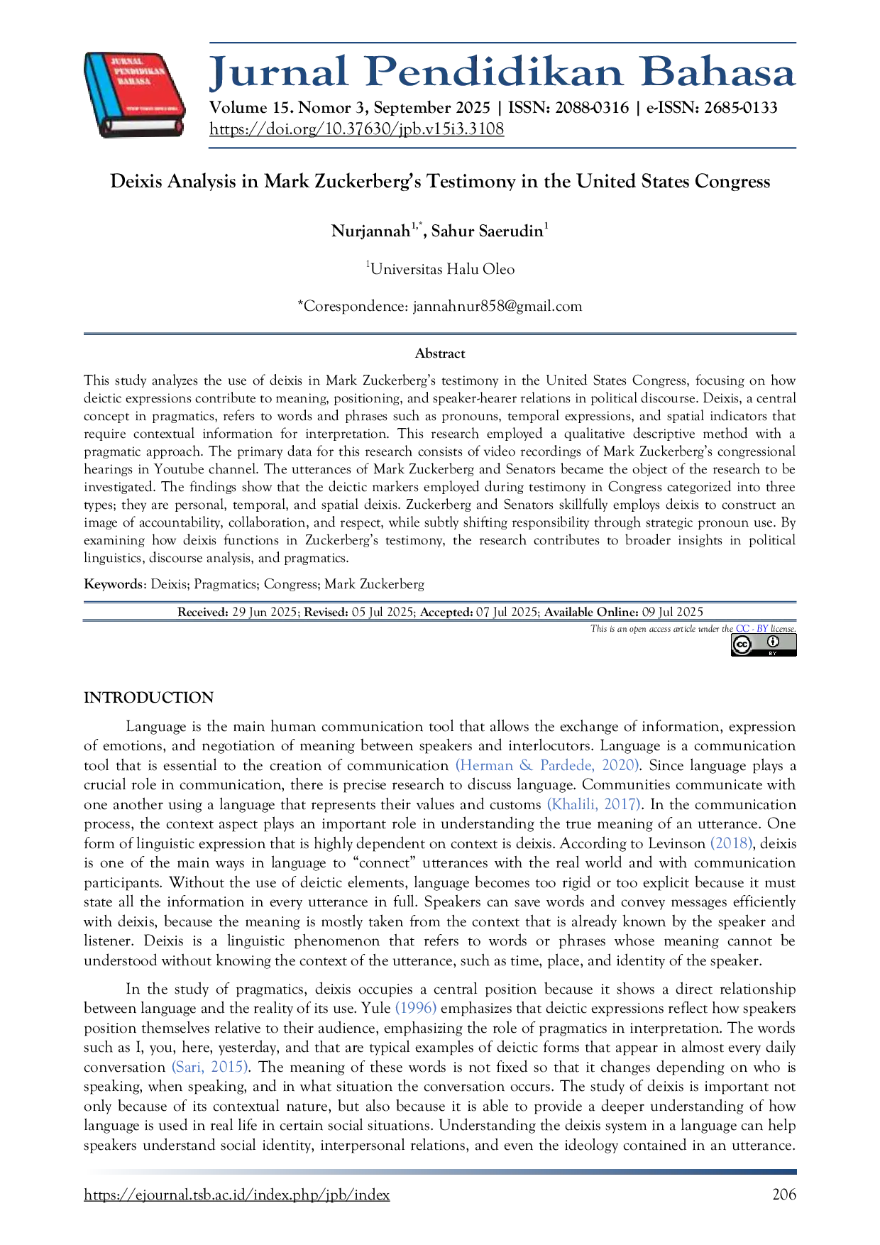JURIS Deixis Analysis in Mark Zuckerberg s Testimony in the United States Congress