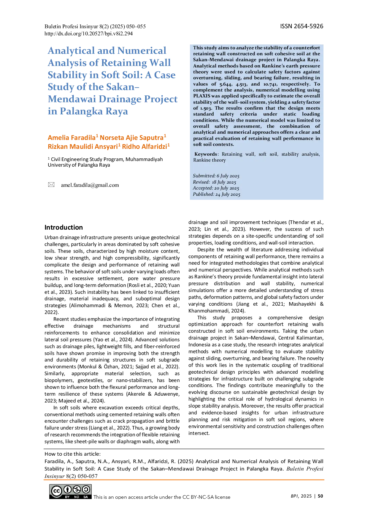 JURIS Analytical and Numerical Analysis of Retaining Wall Stability in Soft Soil A Case Study of the Sakan Mendawai Drainage Project in Palangka Raya