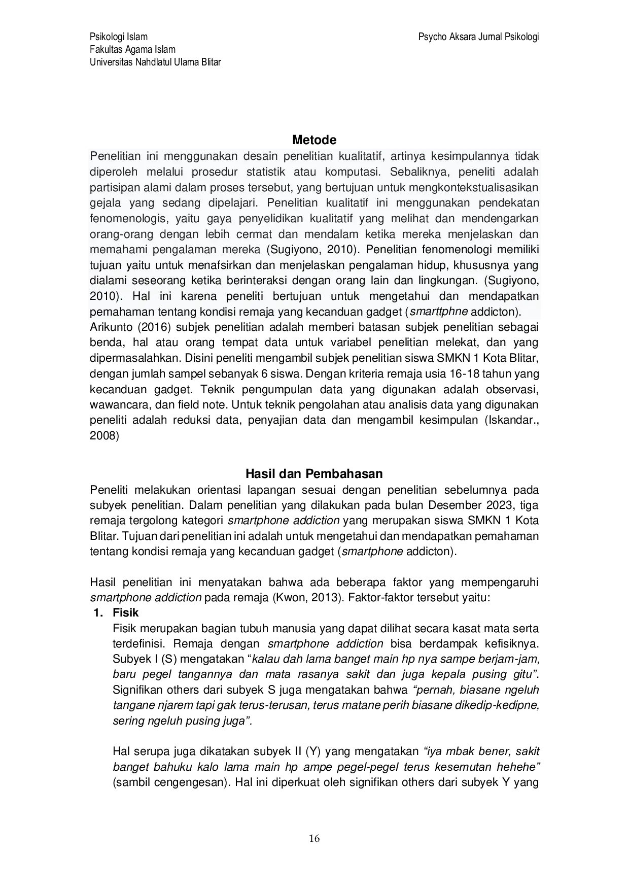 JURIS Gambaran Smartphone Addiction Pada Siswa SMKN 1 Kota Blitar