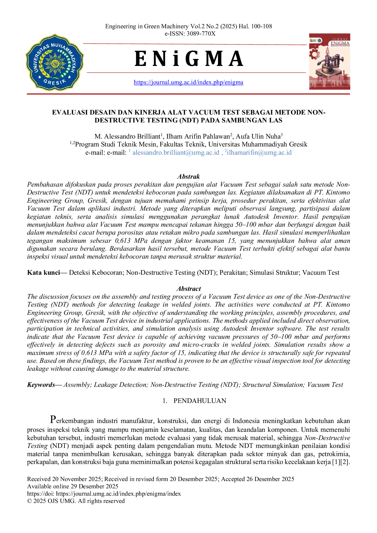 JURIS The EVALUASI DESAIN DAN KINERJA ALAT VACUUM TEST SEBAGAI METODE NON DESTRUCTIVE TESTING NDT PADA SAMBUNGAN LAS