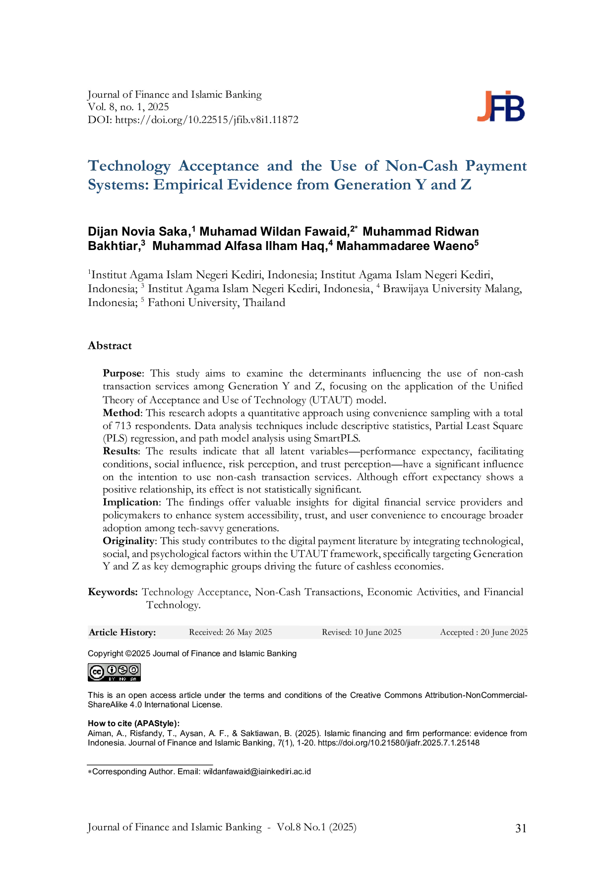 JURIS Technology Acceptance and the Use of Non Cash Payment Systems Empirical Evidence from Generation Y and Z