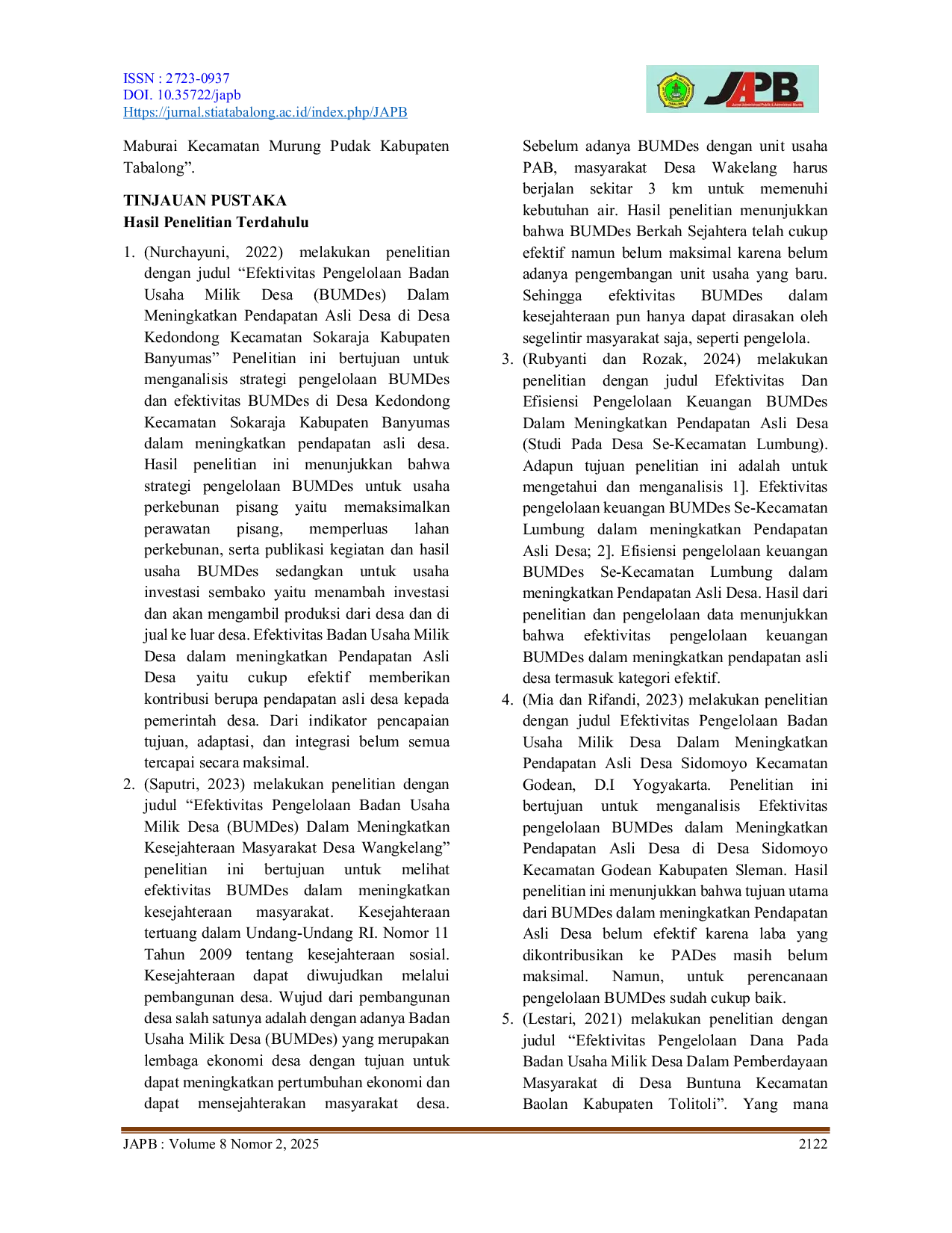 JURIS Efektivitas Badan Usaha Milik Desa Bumdes Dalam Meningkatkan Pendapatan Asli Desa Di Desa Maburai Kecamatan Murung Pudak Kabupaten Tabalong