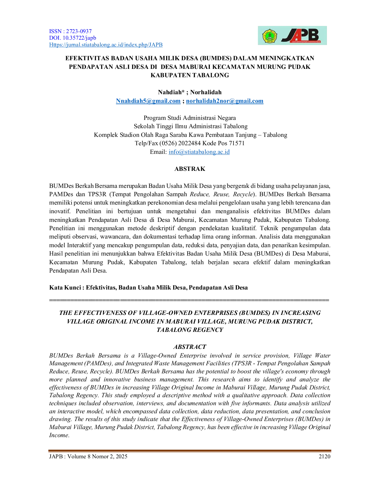 JURIS Efektivitas Badan Usaha Milik Desa Bumdes Dalam Meningkatkan Pendapatan Asli Desa Di Desa Maburai Kecamatan Murung Pudak Kabupaten Tabalong