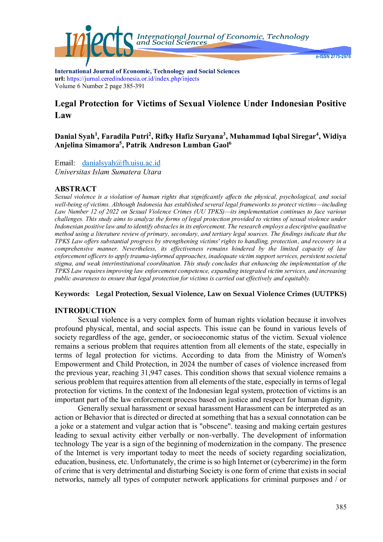 JURIS Legal Protection for Victims of Sexual Violence Under Indonesian Positive Law