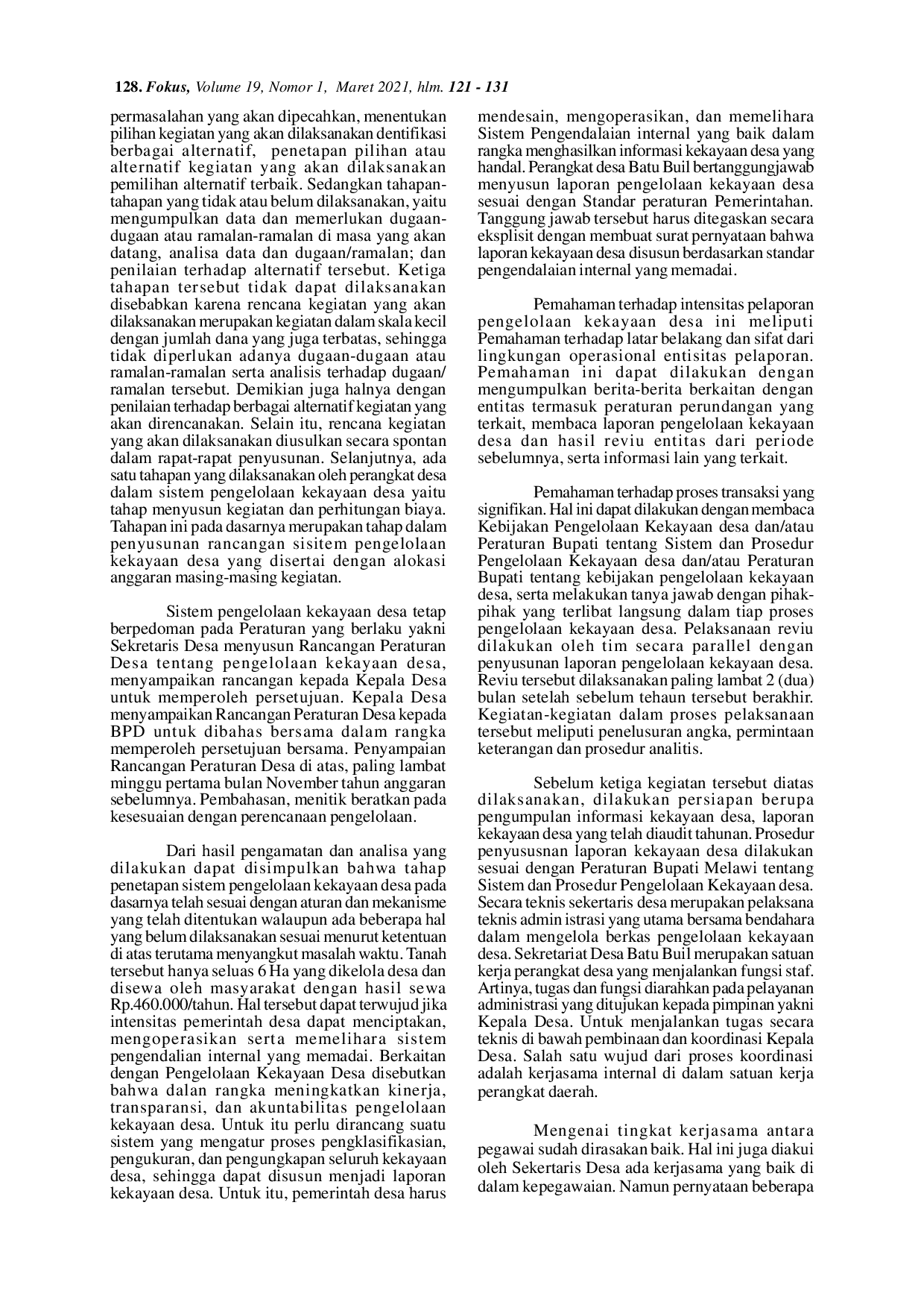 JURIS Implementasi Peraturan Menteri Dalam Negeri Nomor 4 Tahun 2007 Tentang Pedoman Pengelolaan Kekayaan Desa di Desa Batu Buil Kecamatan Belimbing Kabupaten Melawi