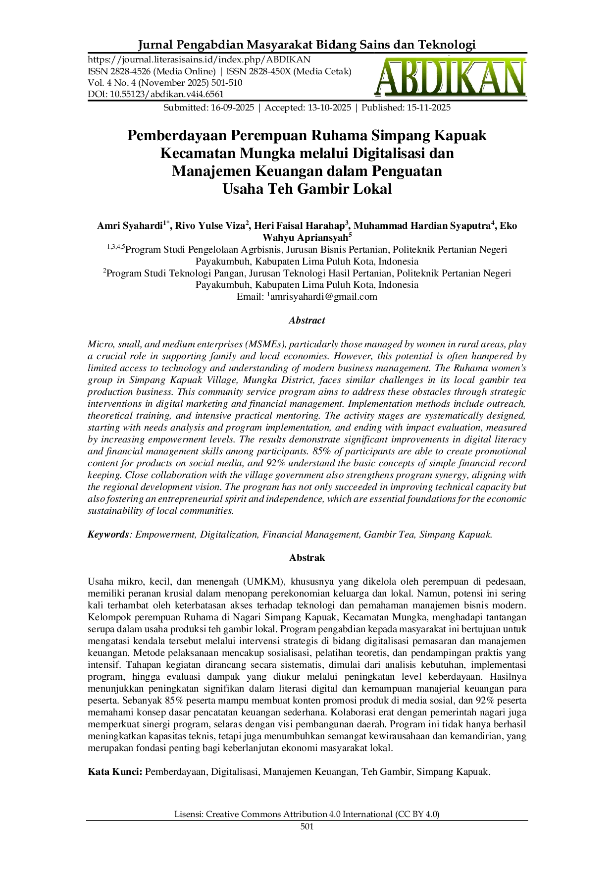 JURIS Pemberdayaan Perempuan Ruhama Simpang Kapuak Kecamatan Mungka melalui Digitalisasi dan Manajemen Keuangan dalam Penguatan Usaha Teh Gambir Lokal