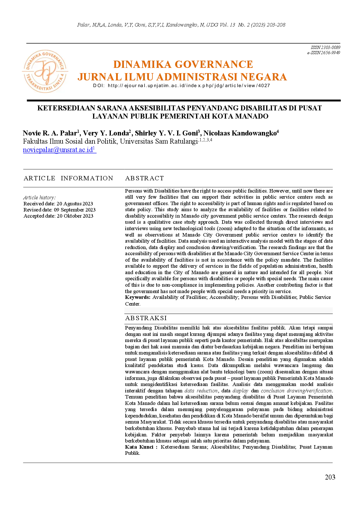 juris KETERSEDIAAN SARANA AKSESIBILITAS PENYANDANG DISABILITAS di PUSAT LAYANAN PUBLIK PEMERINTAH KOTA MANADO