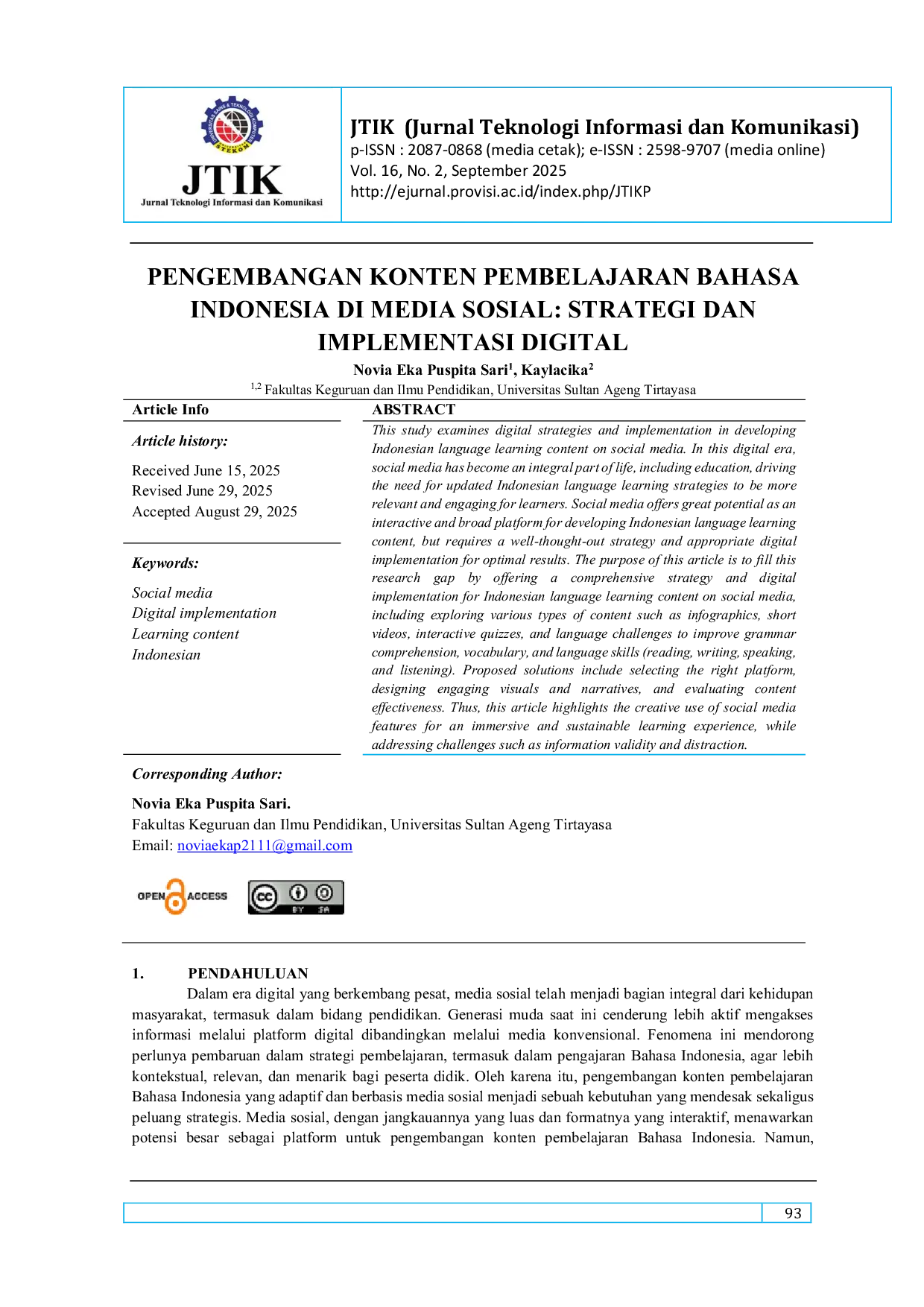 JURIS Pengembangan Konten Pembelajaran Bahasa Indonesia di Media Sosial Strategi dan Implementasi Digital