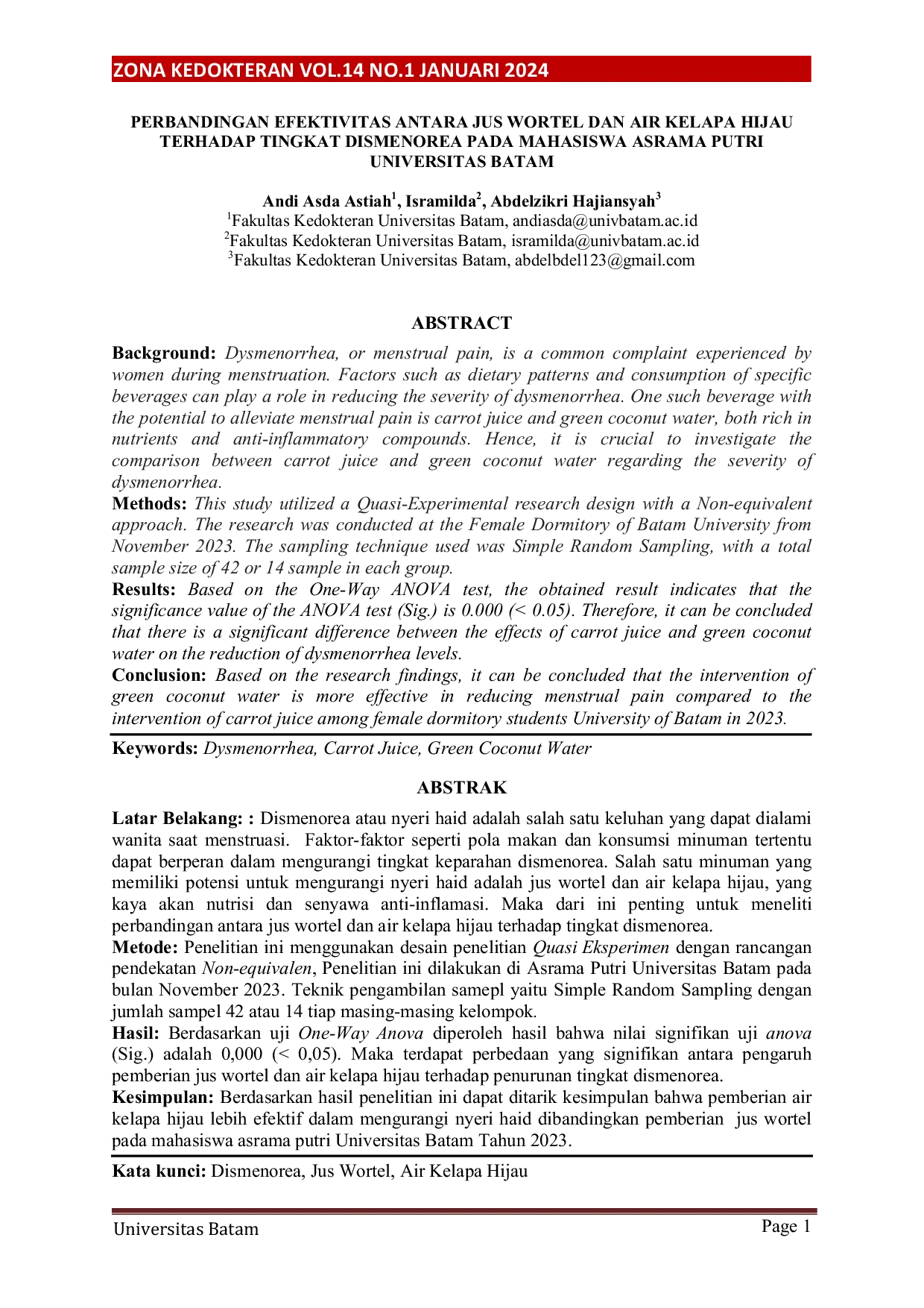 JURIS Perbandingan Efektivitas Antara Jus Wortel dan Air Kelapa Hijau Terhadap Tingkat Dismenorea pada Mahasiswa Asrama Putri Universitas Batam