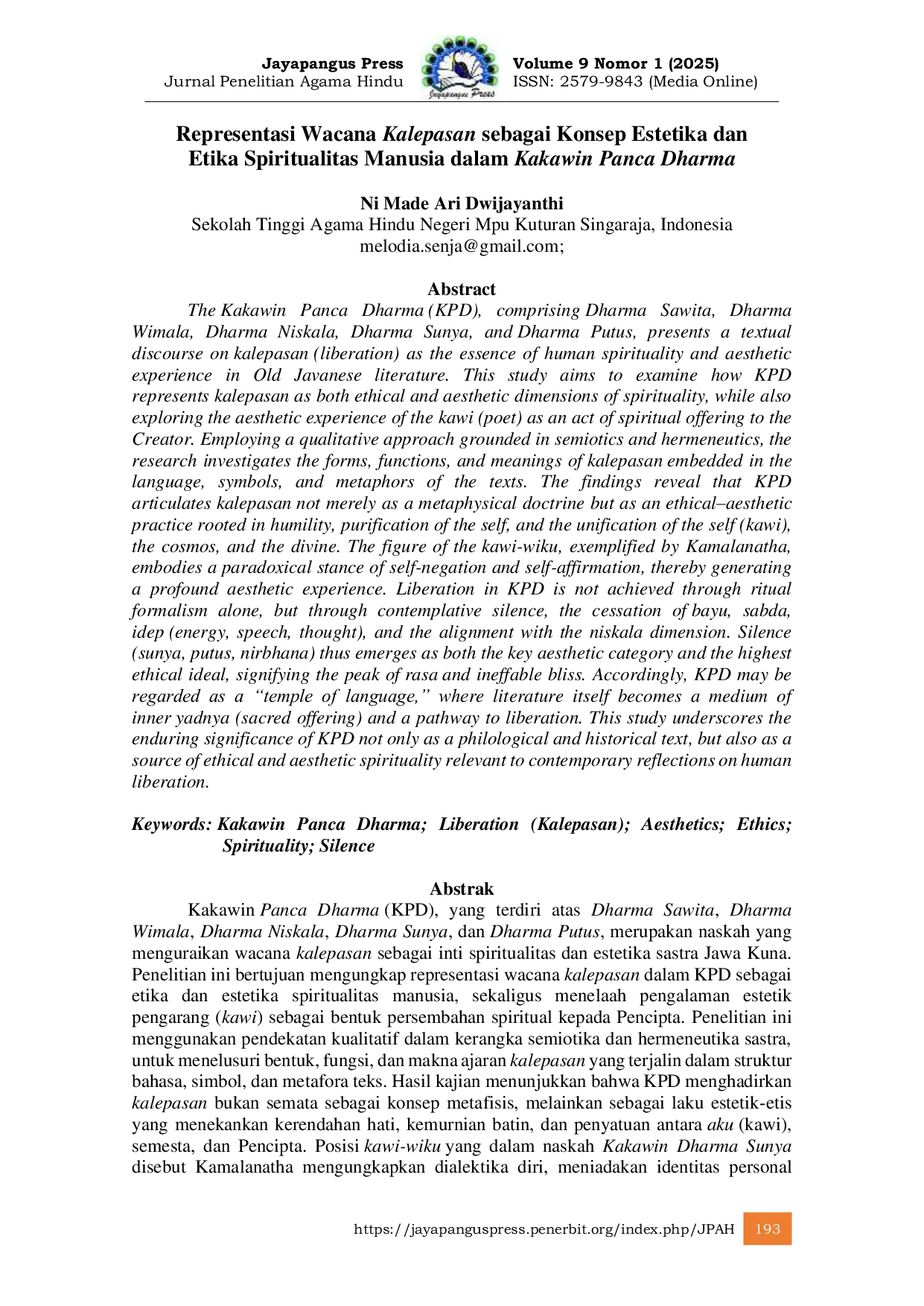 JURIS Representasi Wacana Kalepasan sebagai Konsep Estetika dan Etika Spiritualitas Manusia dalam Kakawin Panca Dharma