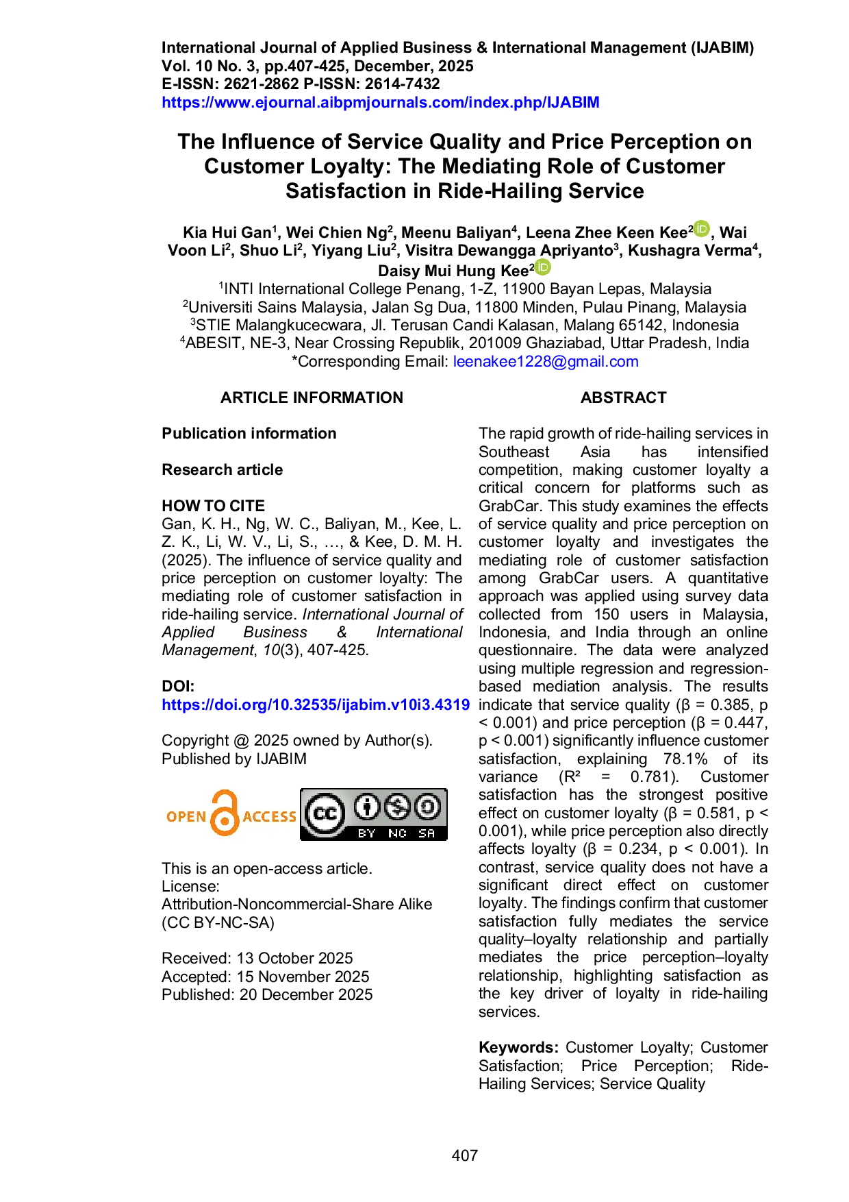 JURIS The Influence of Service Quality and Price Perception on Customer Loyalty The Mediating Role of Customer Satisfaction in Ride Hailing Service