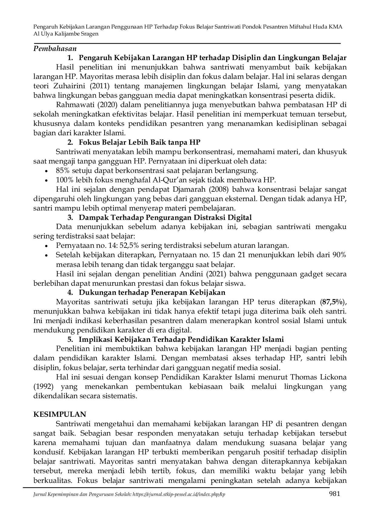 JURIS Pengaruh Kebijakan Larangan Penggunaan HP Terhadap Fokus Belajar Santriwati Pondok Pesantren Miftahul Huda KMA Al Ulya Kalijambe Sragen