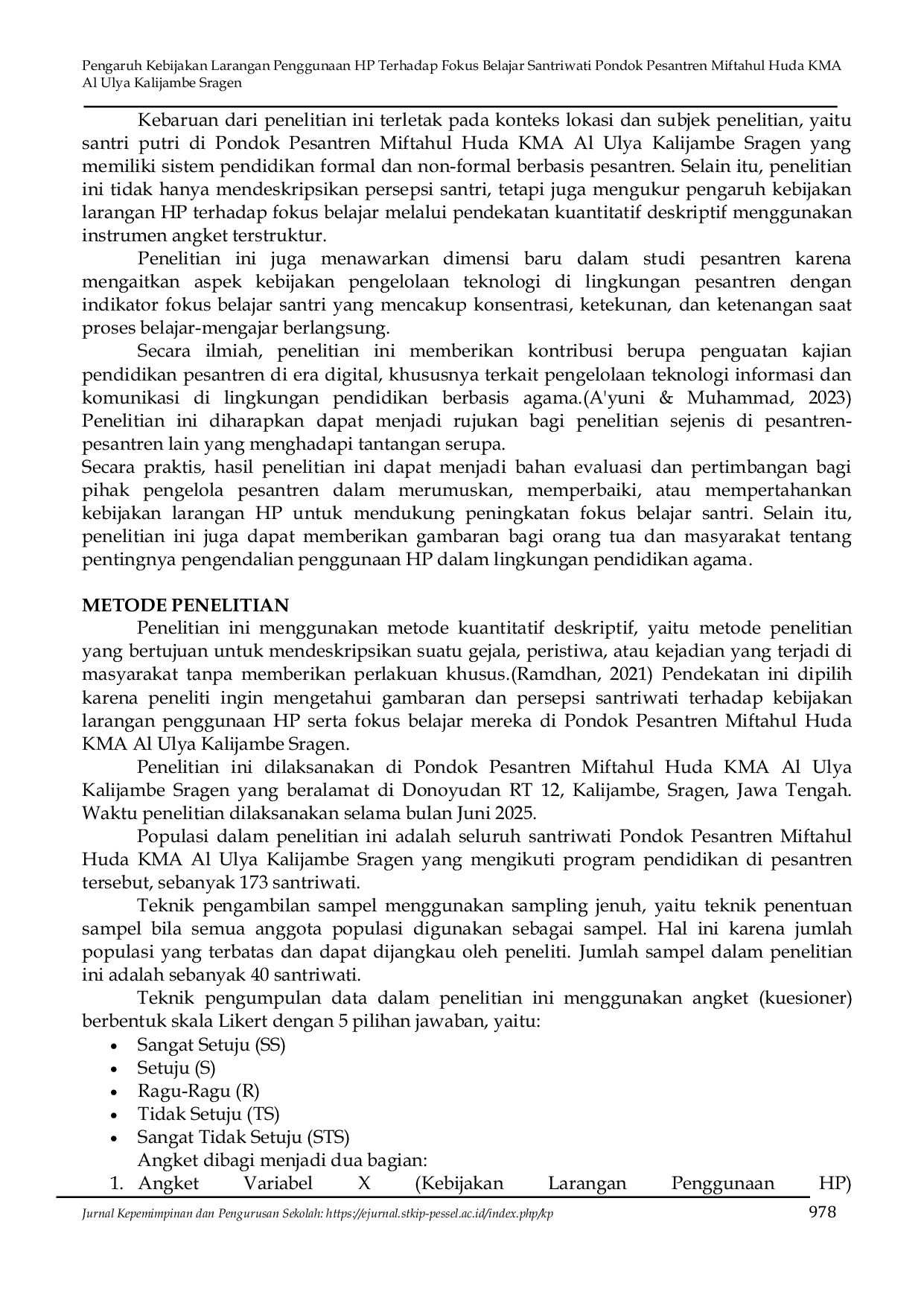 JURIS Pengaruh Kebijakan Larangan Penggunaan HP Terhadap Fokus Belajar Santriwati Pondok Pesantren Miftahul Huda KMA Al Ulya Kalijambe Sragen