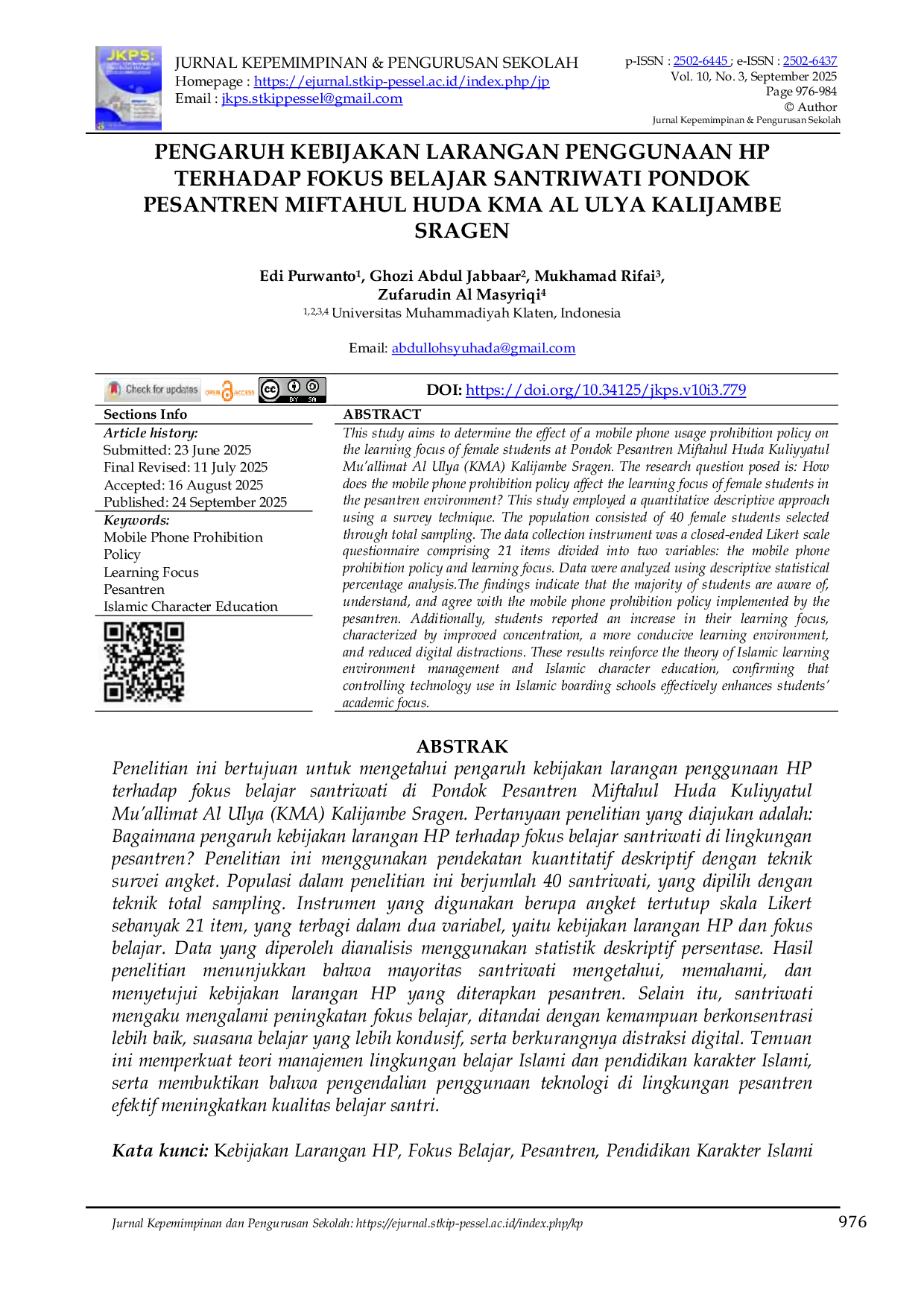 JURIS Pengaruh Kebijakan Larangan Penggunaan HP Terhadap Fokus Belajar Santriwati Pondok Pesantren Miftahul Huda KMA Al Ulya Kalijambe Sragen