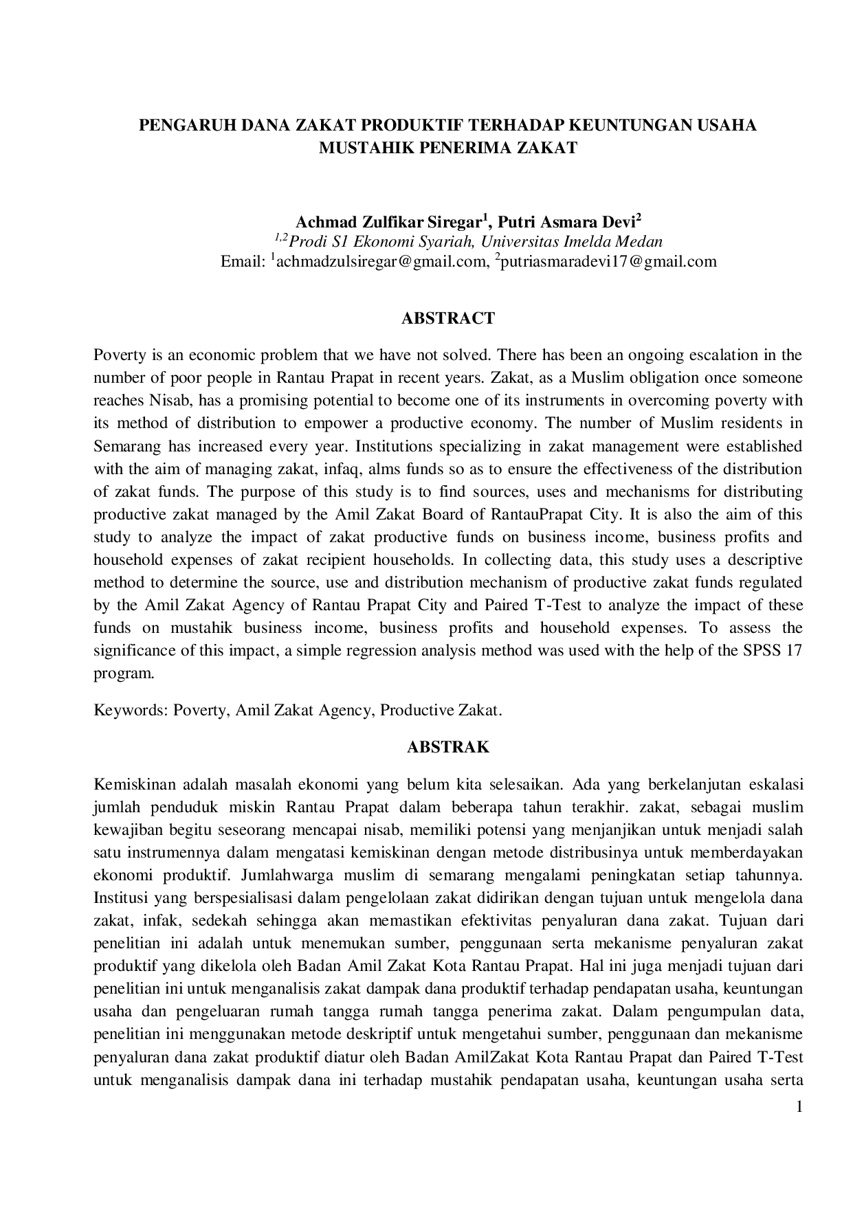 juris Pengaruh Dana Zakat Produktif Terhadap Keuntungan Usaha Mustahik Penerima Zakat