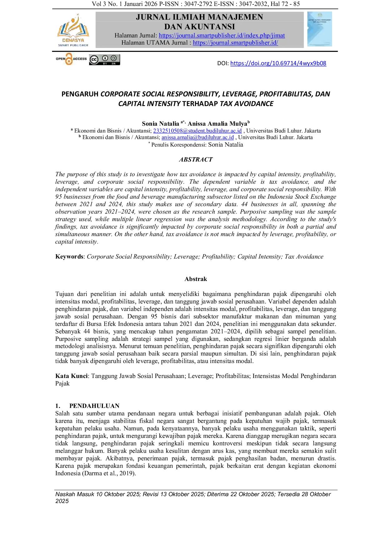 JURIS Pengaruh Corporate Social Responsibility Leverage Profitabilitas Dan Capital Intensity Terhadap Tax Avoidance