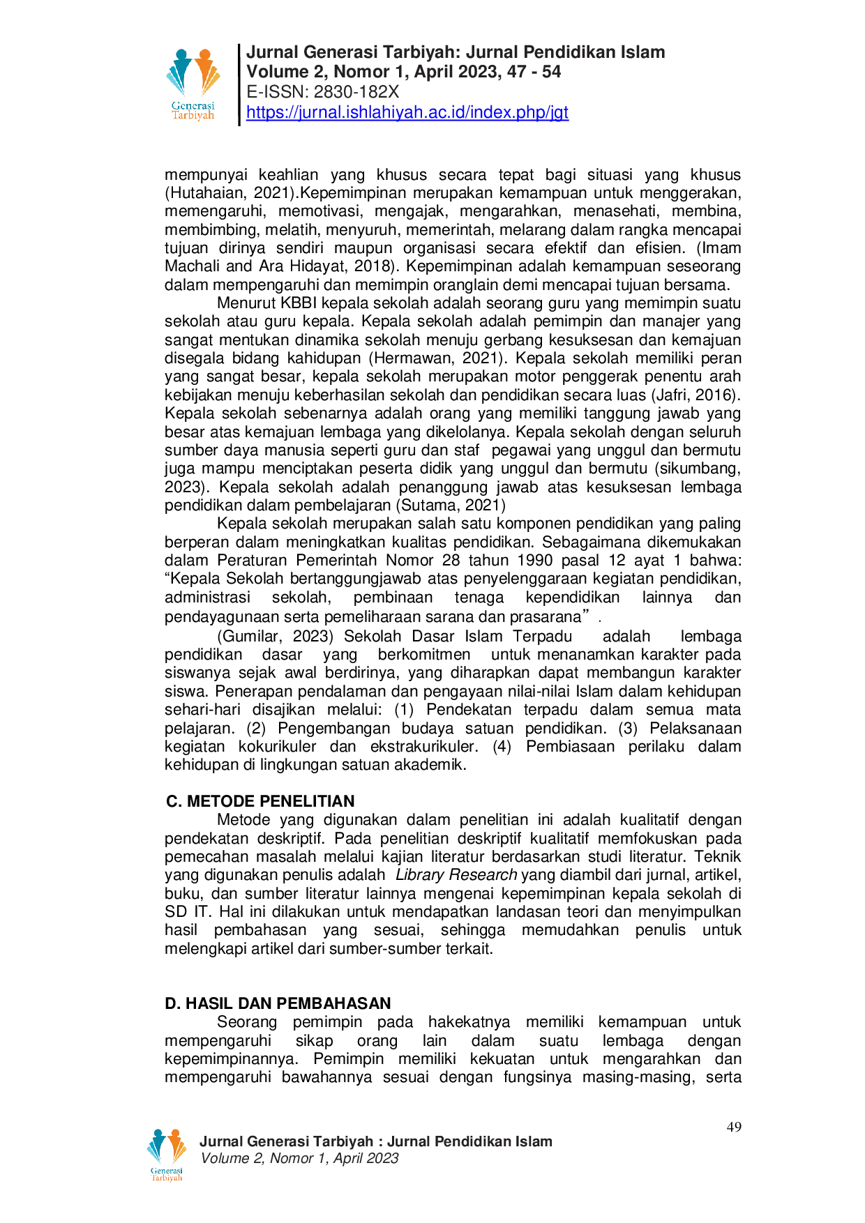 JURIS Kepemimpinan Kepala Sekolah di Sekolah Dasar Islam Terpadu