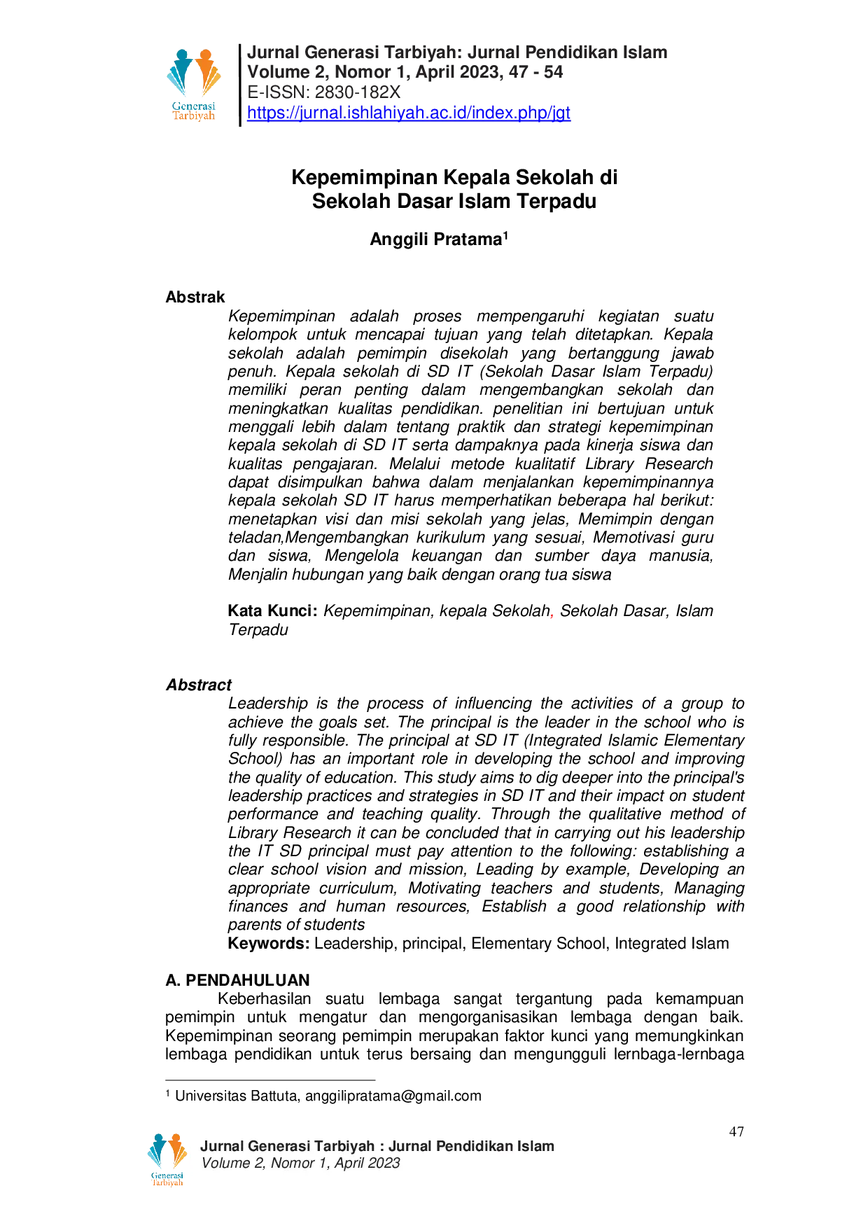 JURIS Kepemimpinan Kepala Sekolah di Sekolah Dasar Islam Terpadu