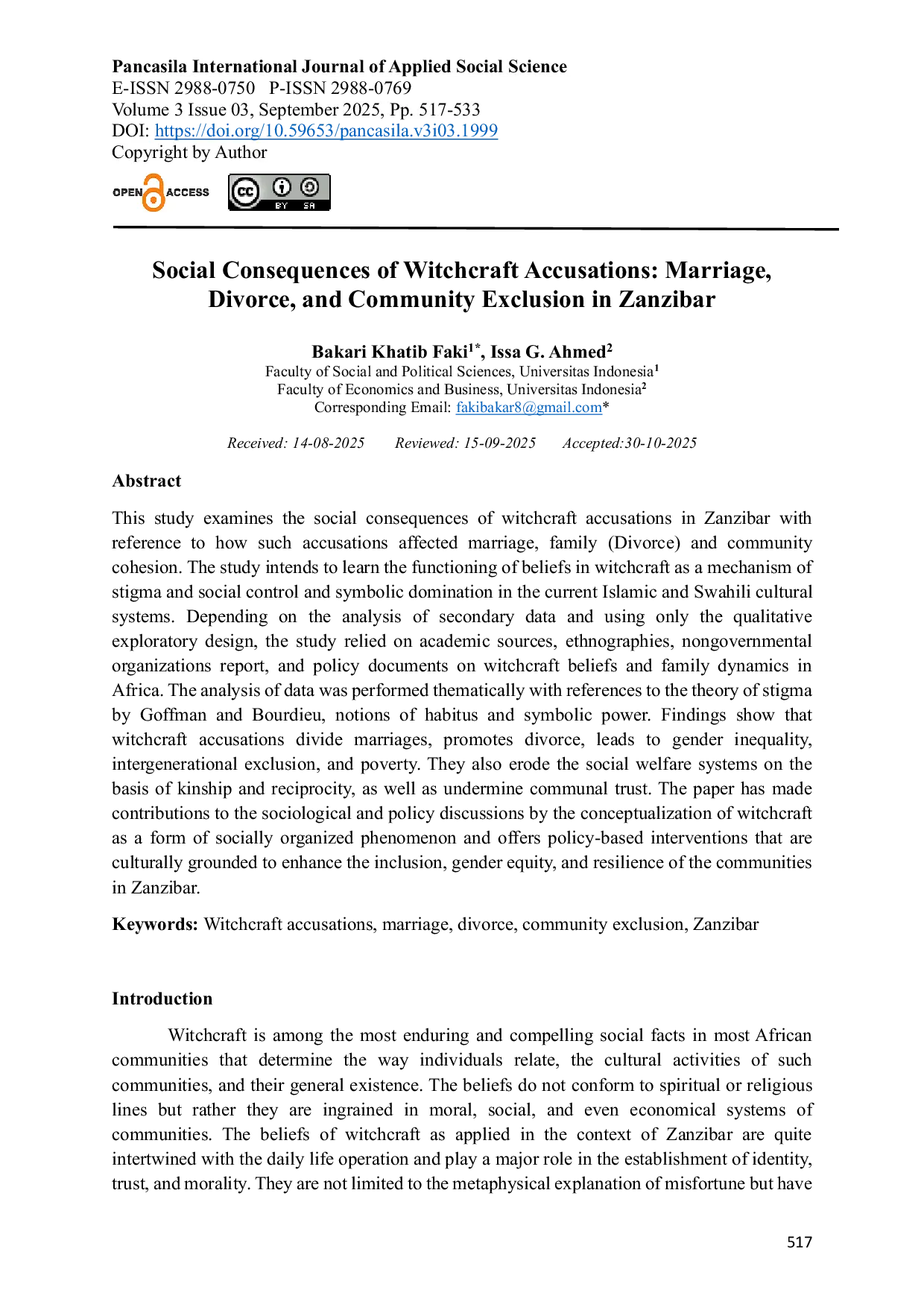 JURIS Social Consequences of Witchcraft Accusations Marriage Divorce and Community Exclusion in Zanzibar
