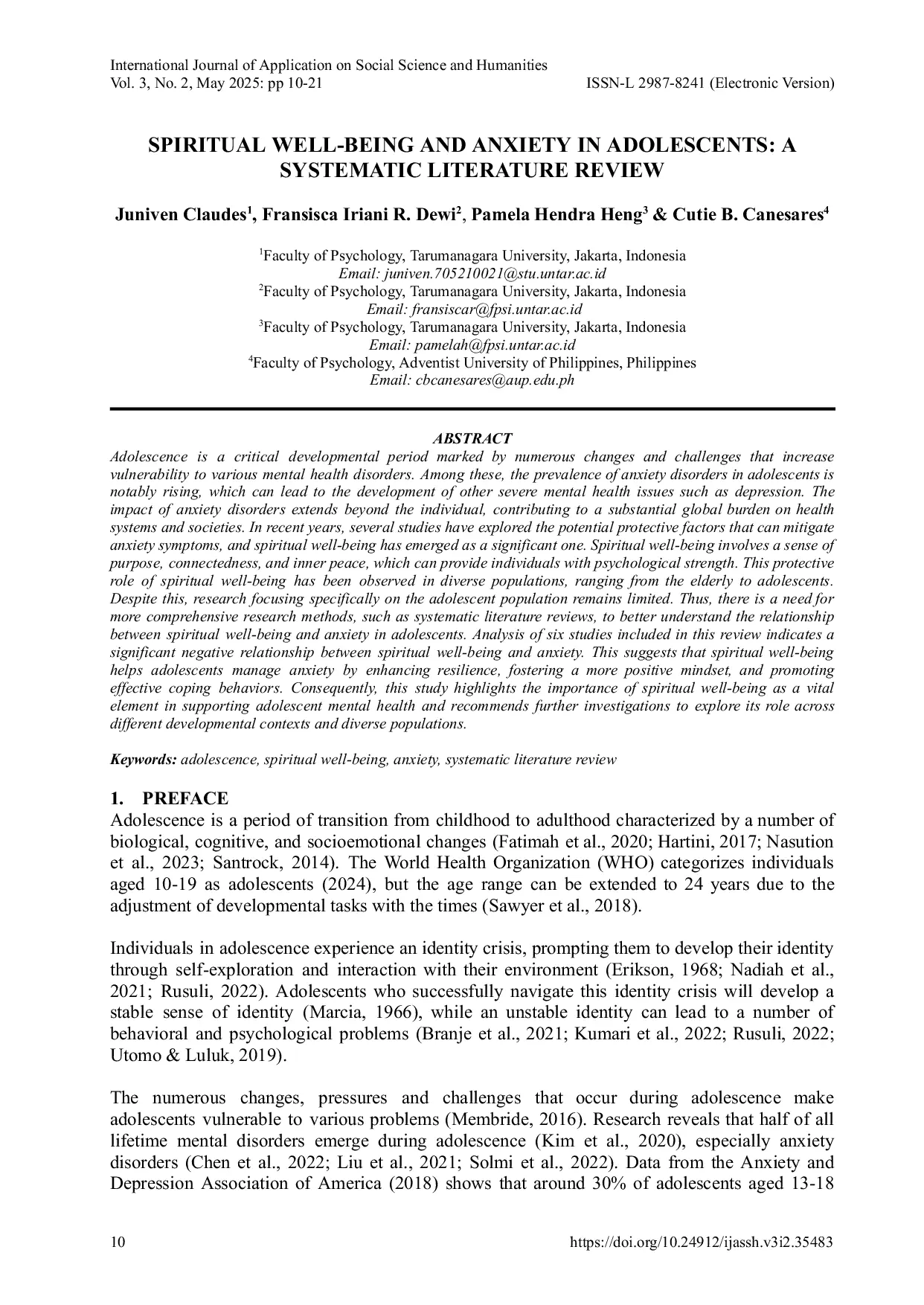 JURIS Spiritual Well Being and Anxiety in Adolescents A Systematic Literature Review