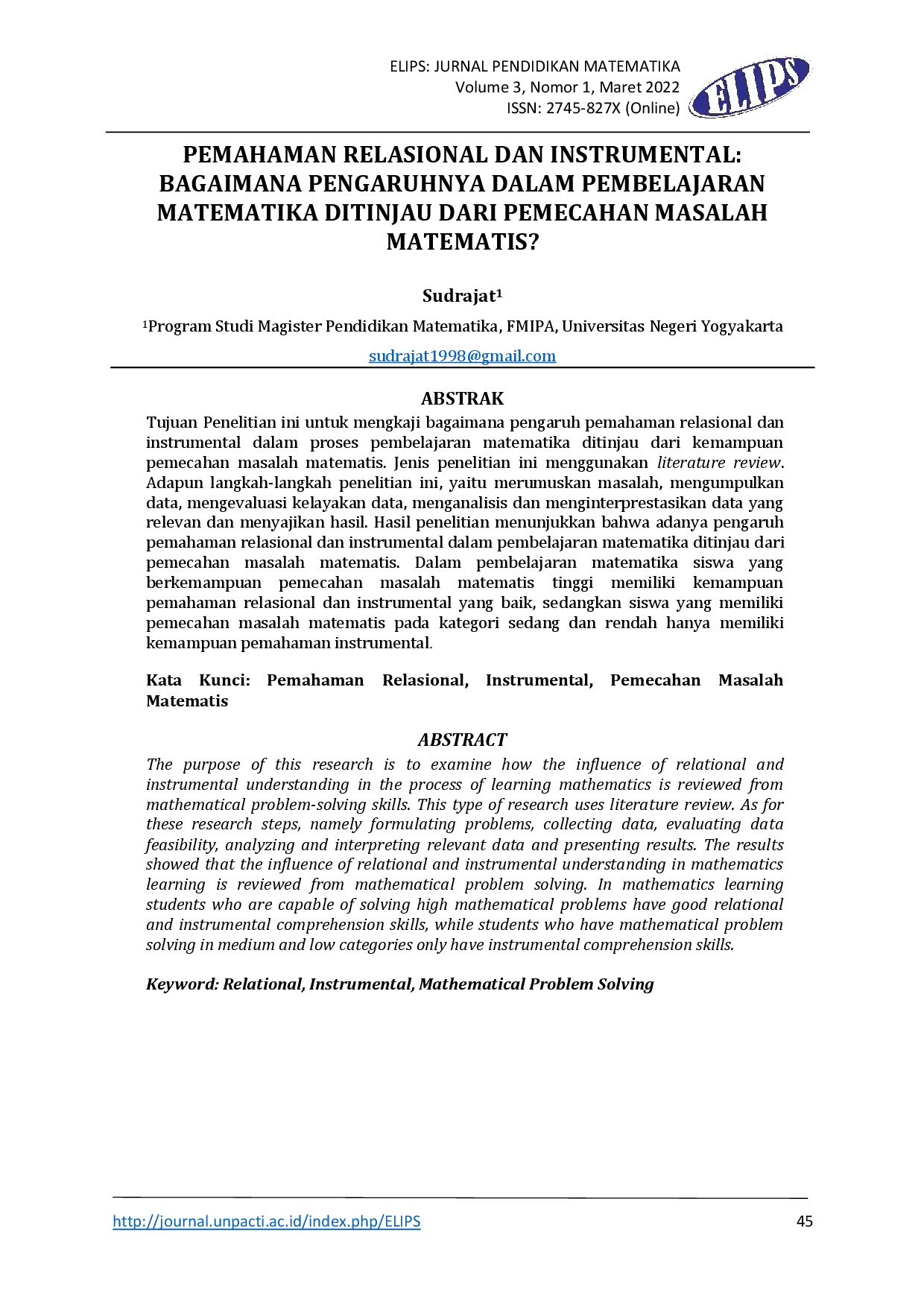 JURIS Pemahaman Relasional Dan Instrumental Bagaimana Pengaruhnya Dalam Pembelajaran Matematika Ditinjau Dari Pemecahan Masalah Matematiss