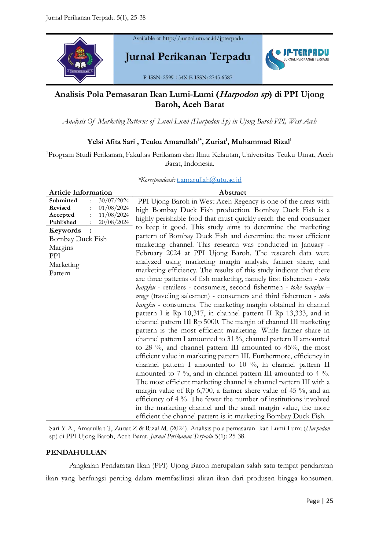 JURIS Analysis Of Marketing Patterns of Lumi Lumi Harpodon sp in Ujong Baroh PPI West Aceh