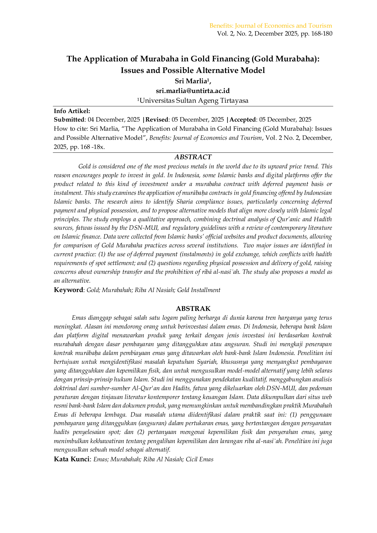 JURIS The Application of Murabaha in Gold Financing Gold Murabaha in Indonesian Islamic Banks Issues and Possible Alternative Model