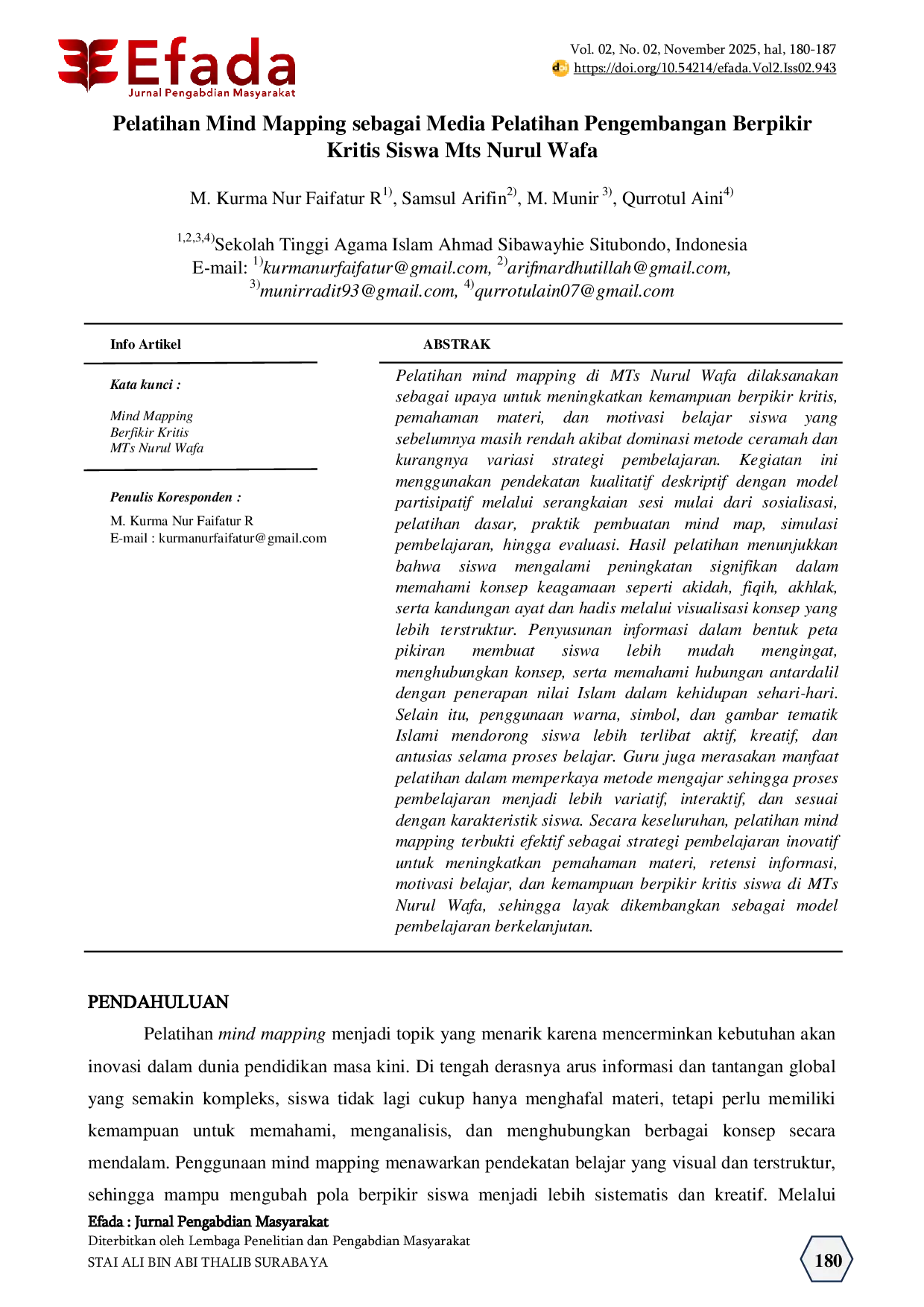 JURIS Pelatihan Mind Mapping sebagai Media Pelatihan Pengembangan Berpikir Kritis Siswa Mts Nurul Wafa