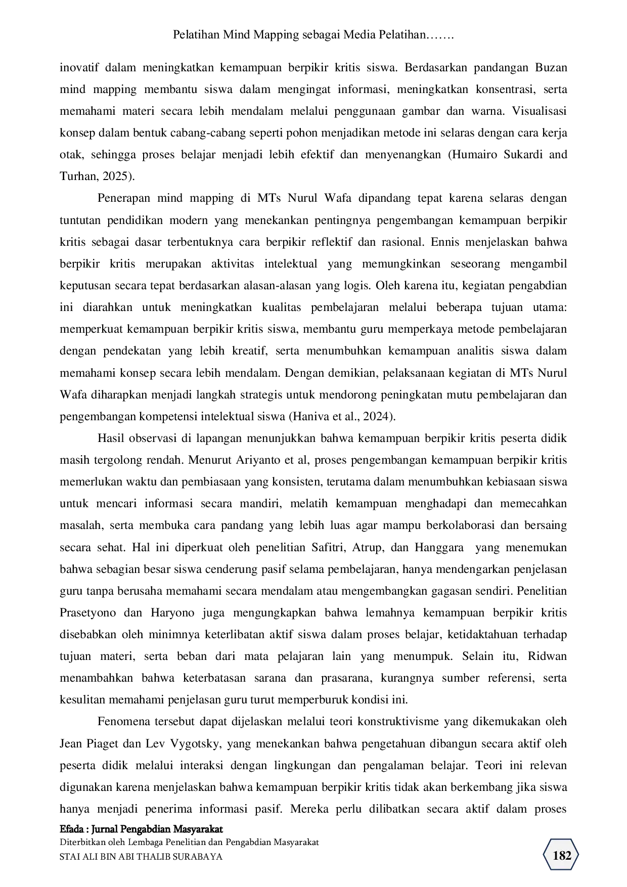 JURIS Pelatihan Mind Mapping sebagai Media Pelatihan Pengembangan Berpikir Kritis Siswa Mts Nurul Wafa