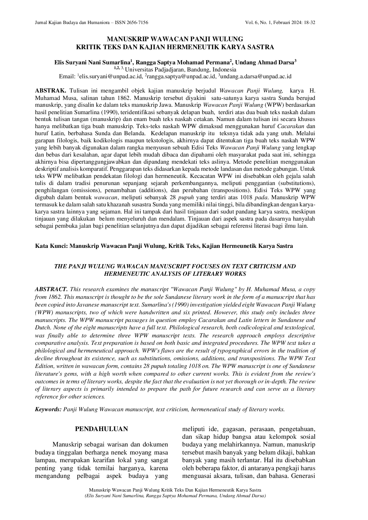 JURIS Manuskrip Wawacan Panji Wulung Kritik Teks Dan Kajian Hermeneutik Karya Sastra