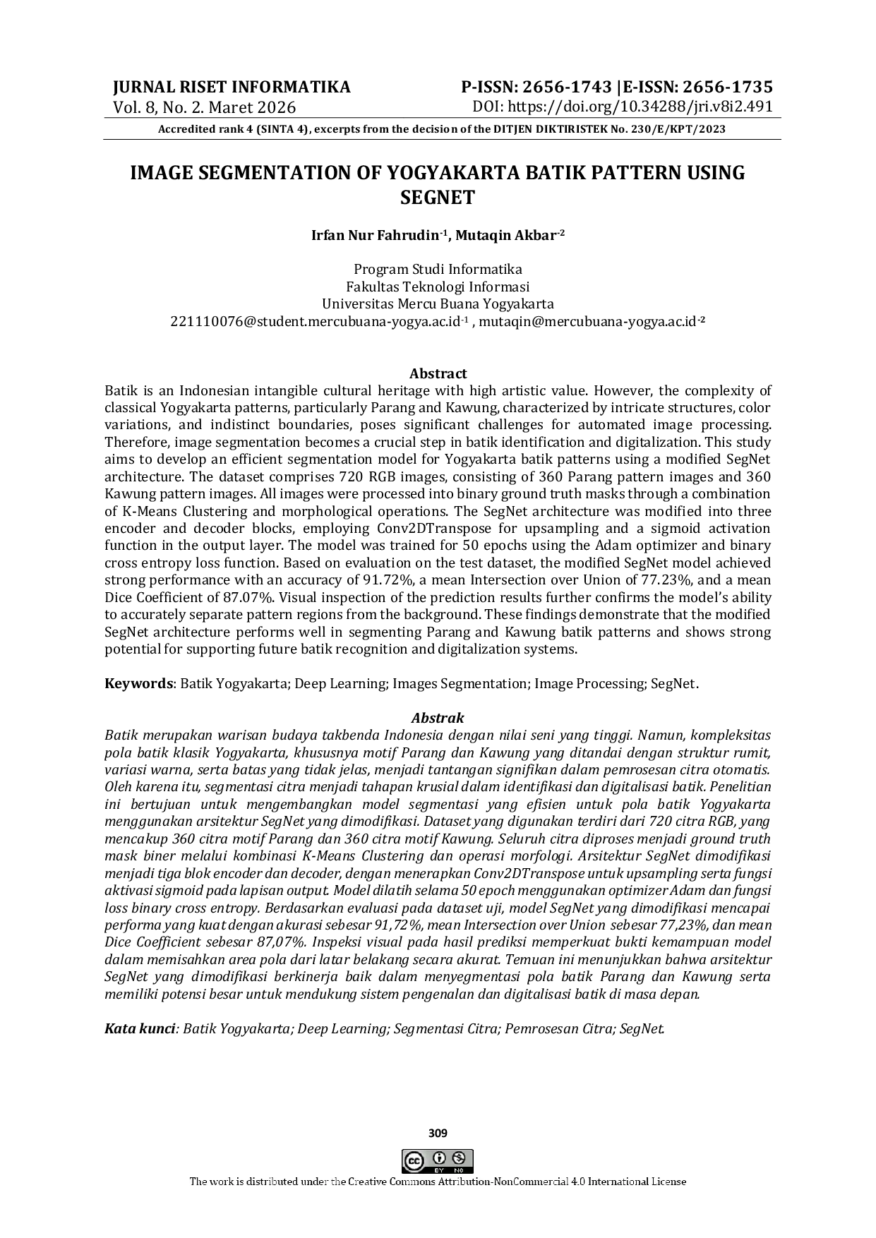 JURIS Image Segmentation of Yogyakarta Batik Pattern Using SegNet