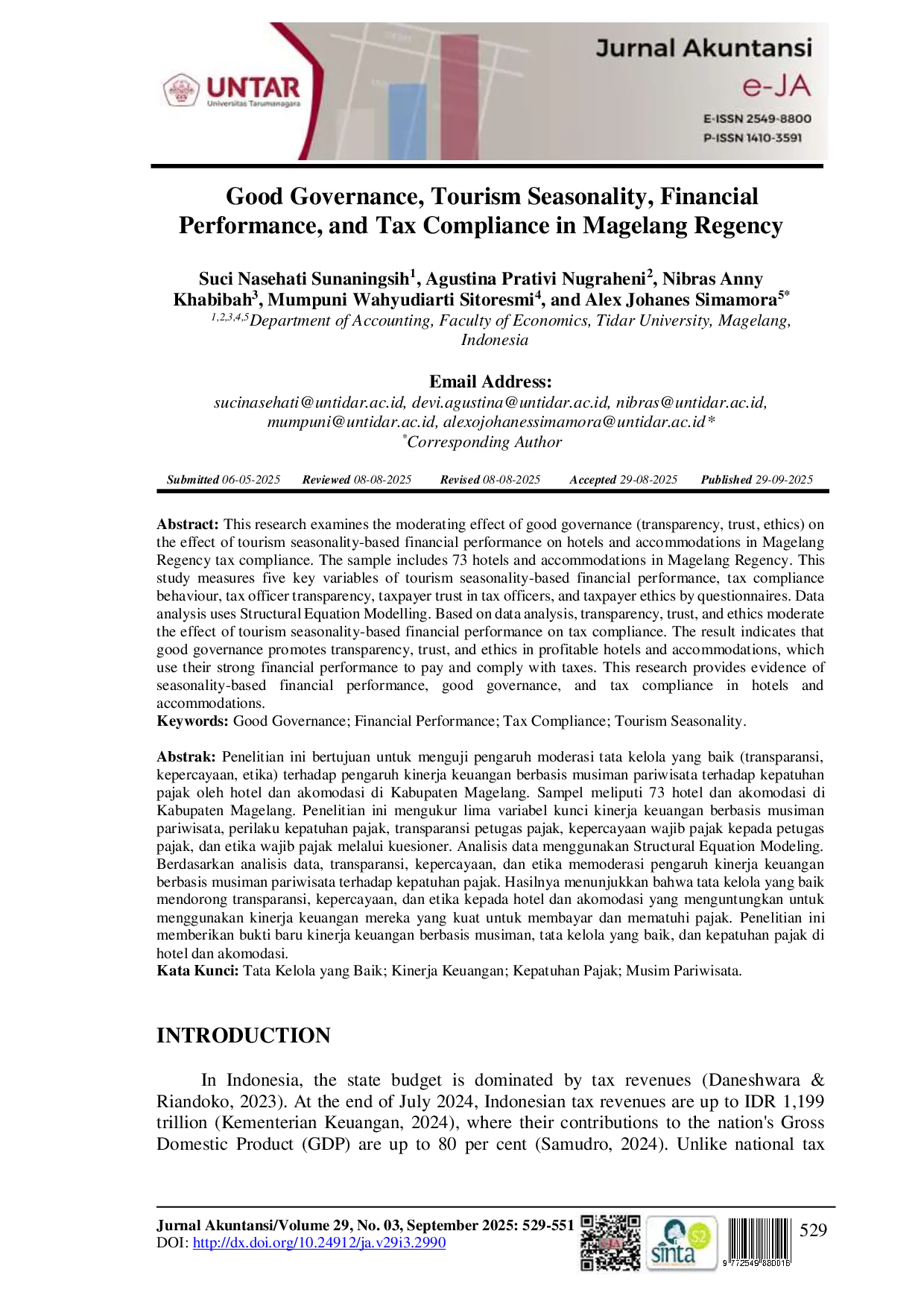 JURIS Good Governance Tourism Seasonality Financial Performance and Tax Compliance in Magelang Regency