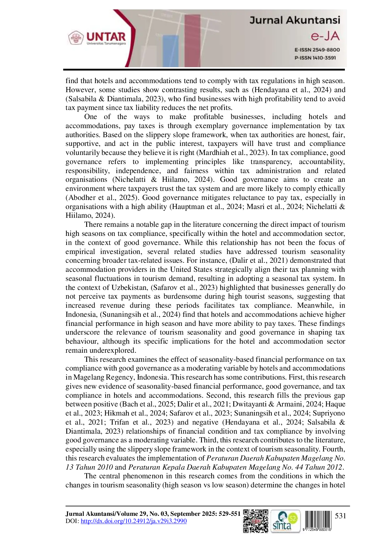 JURIS Good Governance Tourism Seasonality Financial Performance and Tax Compliance in Magelang Regency