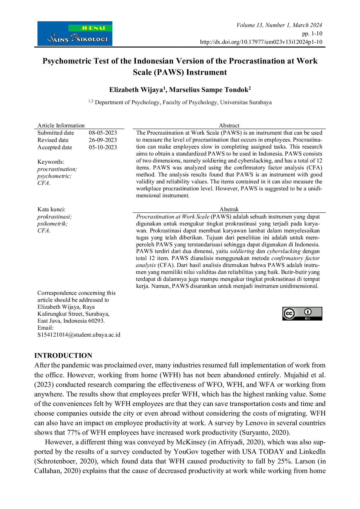 JURIS Psychometric Test of the Indonesian Version of the Procrastination at Work Scale PAWS Instrument