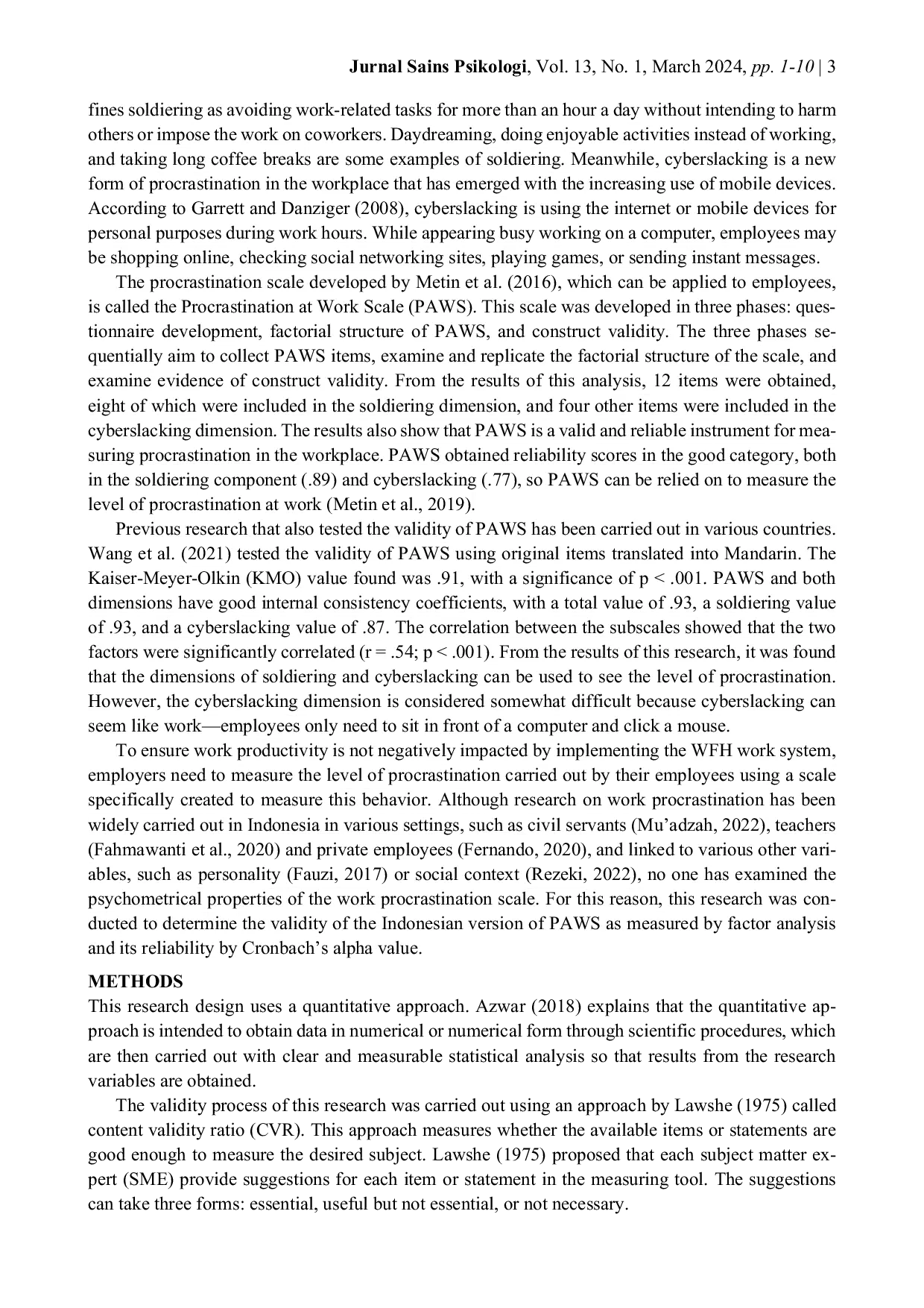 JURIS Psychometric Test of the Indonesian Version of the Procrastination at Work Scale PAWS Instrument