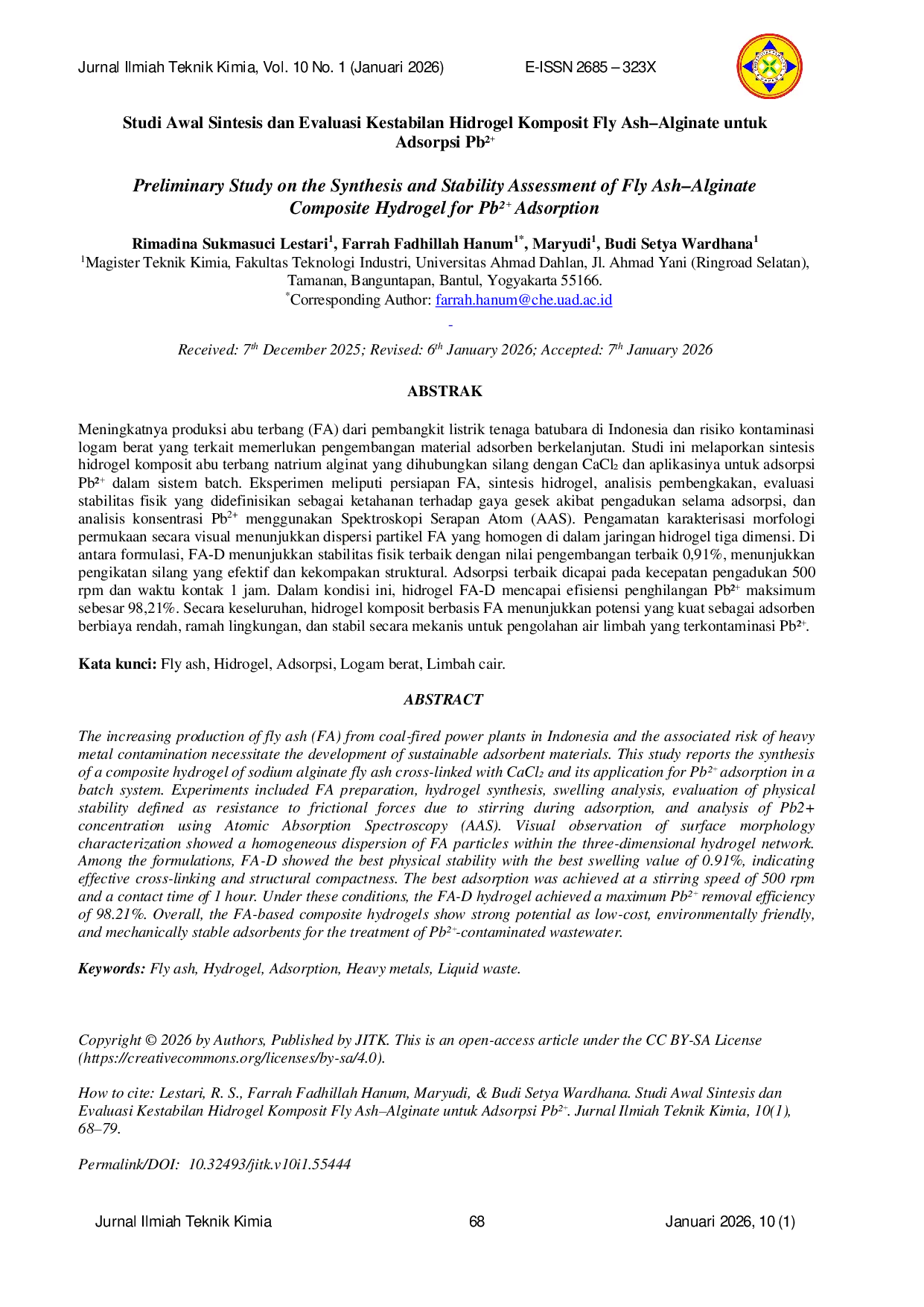 JURIS Studi Awal Sintesis dan Evaluasi Kestabilan Hidrogel Komposit Fly Ash Alginate untuk Adsorpsi Pb A
