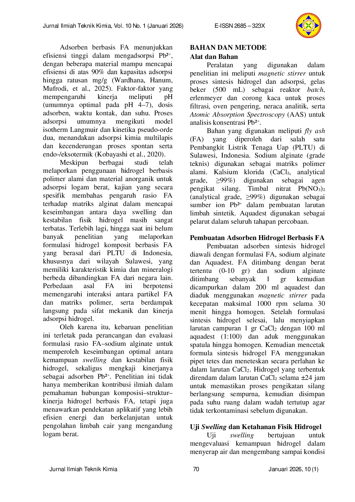JURIS Studi Awal Sintesis dan Evaluasi Kestabilan Hidrogel Komposit Fly Ash Alginate untuk Adsorpsi Pb A