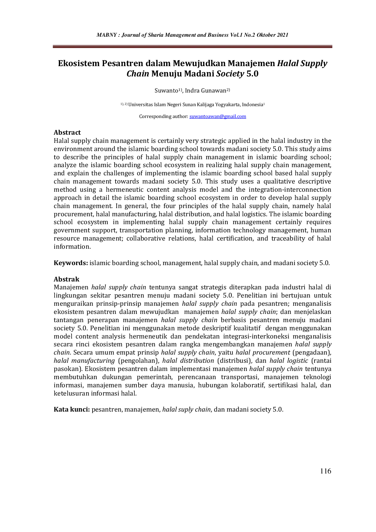 JURIS Ekosistem Pesantren dalam Mewujudkan Manajemen Halal Supply Chain Menuju Madani Society 5 0